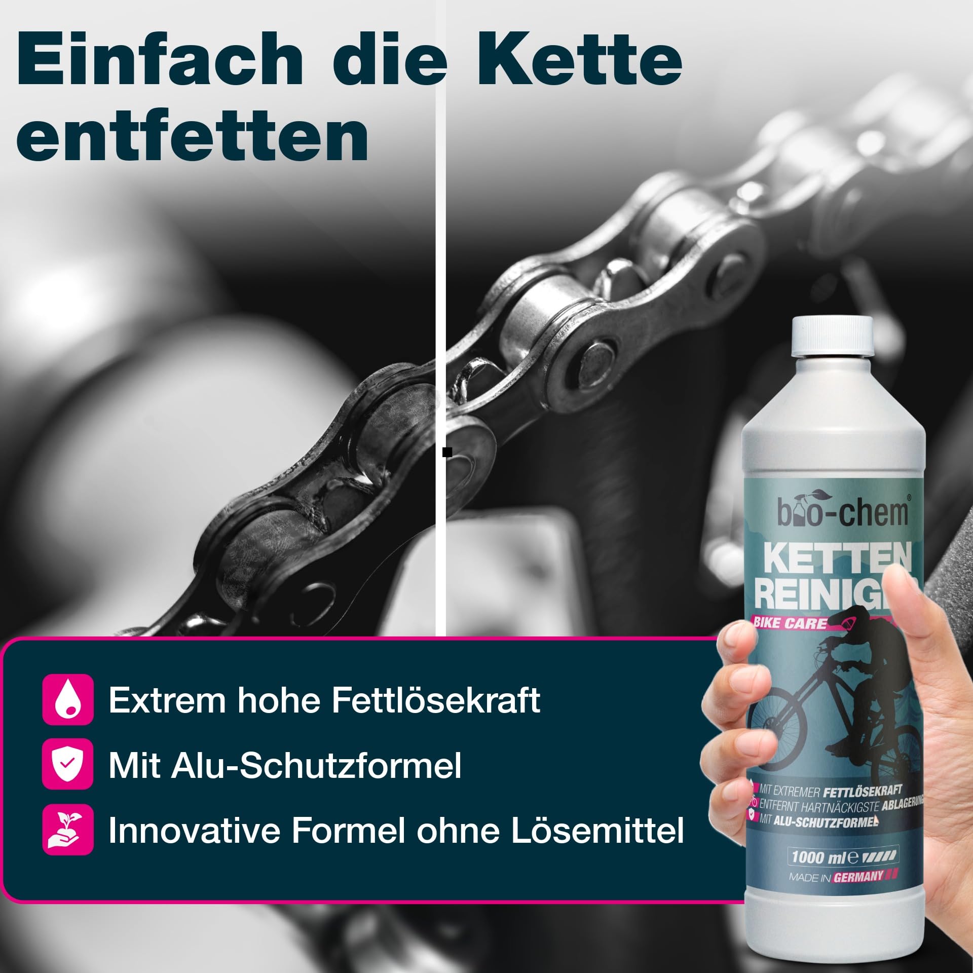 bio-chem Kettenwachs System Set 7-teilig für Fahrräder | Mit Kettenreiniger 1L, Kettenwachs 100ml, Shaker, Bürsten & Tuch für Rennrad, MTB & E-Bike