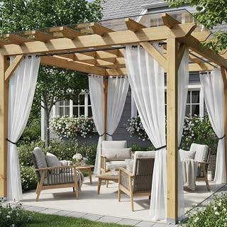 HolidayIdeas Waterproof Outdoor Sheer Curtains Patio 4 Panels 54x84 - Linen Light Filtering Privacy Drapes for Porch Balcony Gazebo Pool
