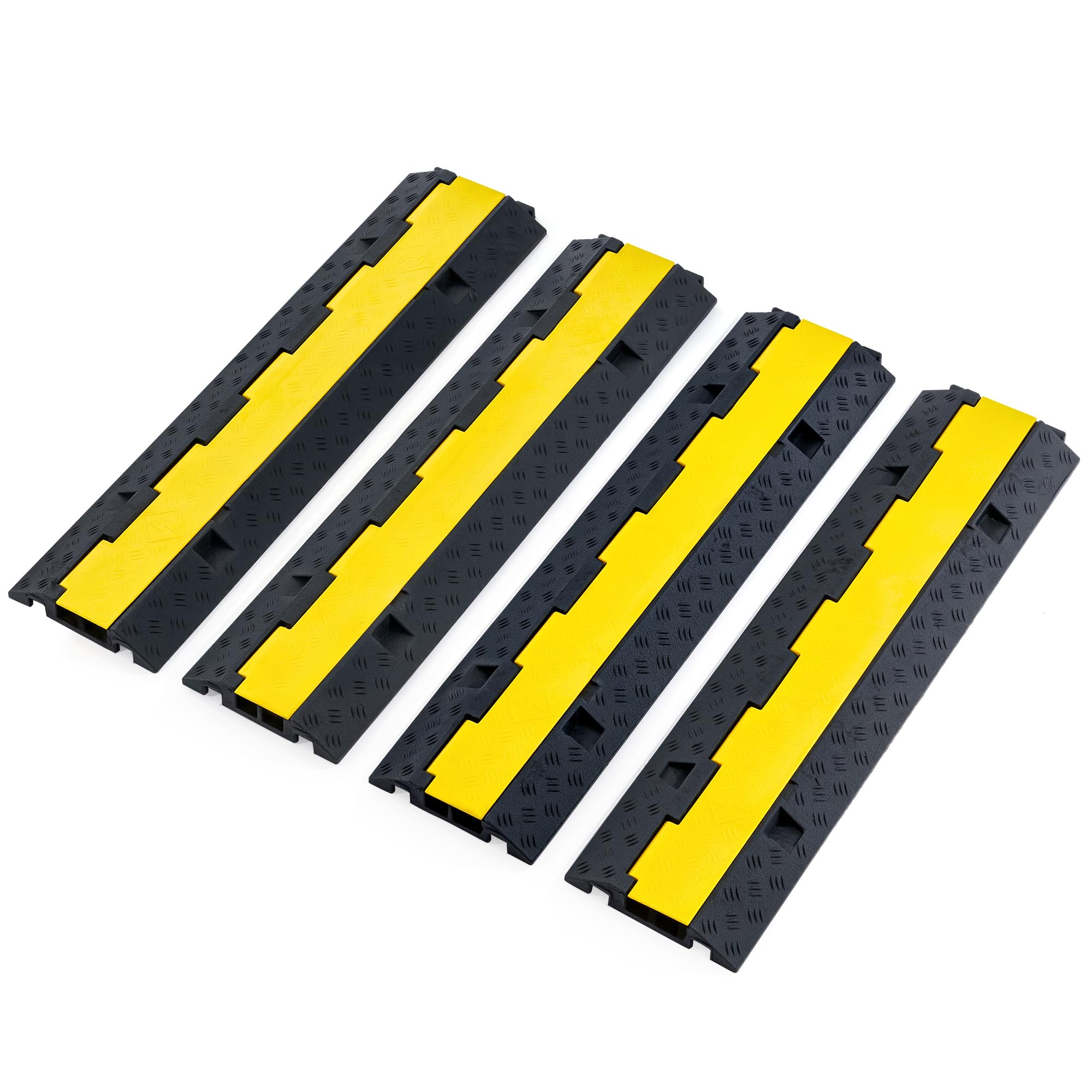 CREWORKS 4 Pack 2 Channel Cable Protector Ramps, Heavy Duty 5 T Capacity Wire Cord Cable Ramp Covers, 4 m Floor Cable Cover with Snap Lock Connection for Driveways Warehouses Parking Lots
