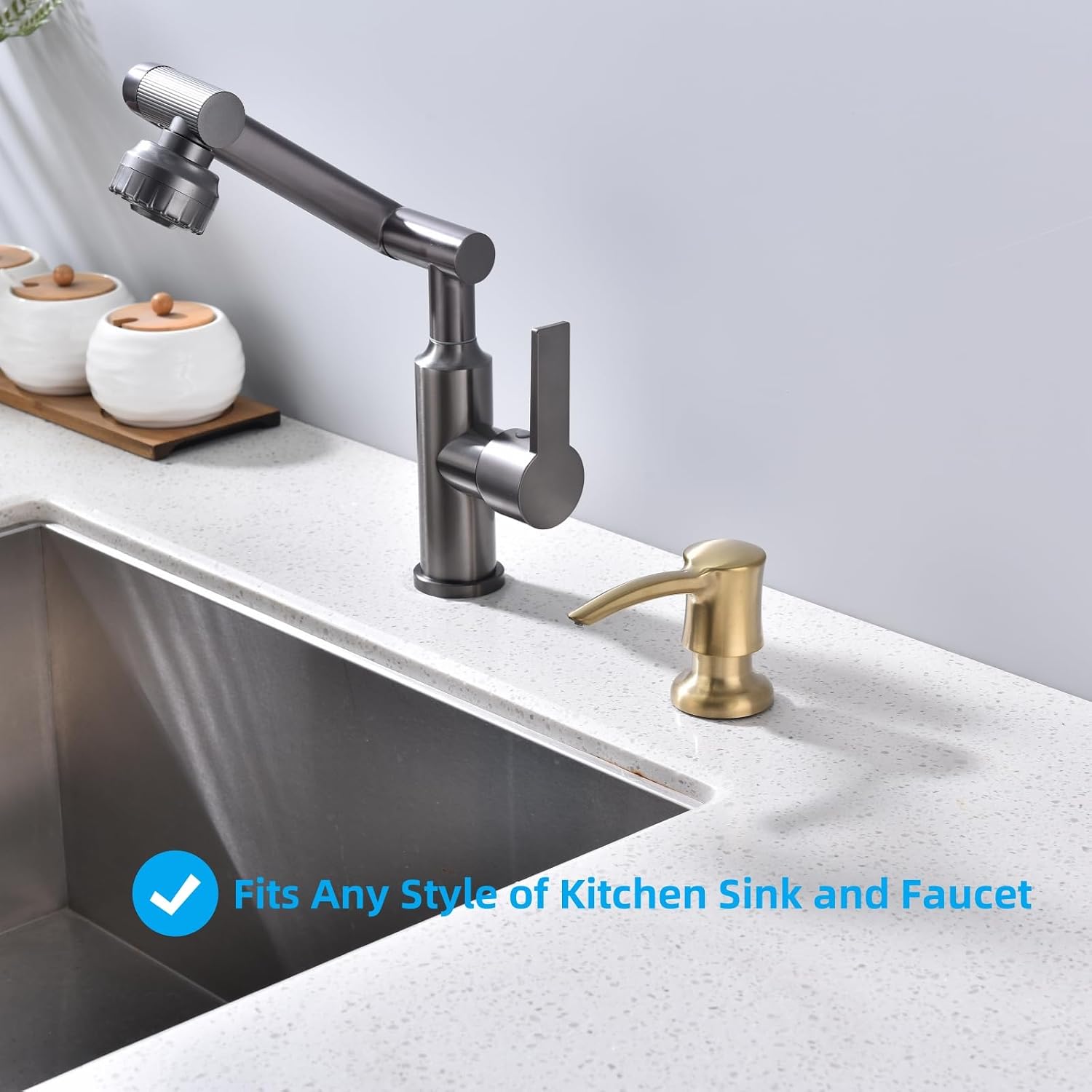 Soap Dispenser for Kitchen Sink, Built in Sink Soap Dispenser Gold ABS Pump Head with 11 Ounce Soap Bottle Champagne Gold