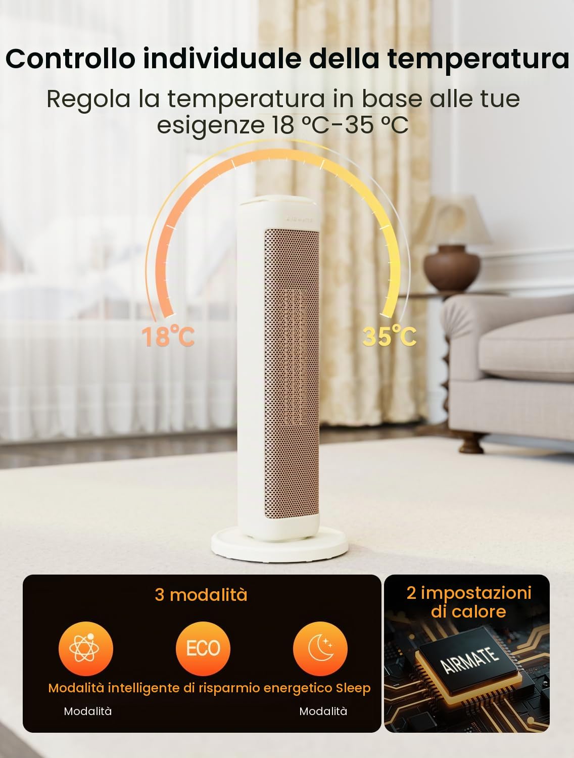 AIRMATE Termoventilatore da 63 cm, a risparmio energetico, in ceramica, silenzioso, oscillante a 80° e termostato, 3 modalità, ECO, timer 24 ore, 2000 W, protezione antiribaltamento da