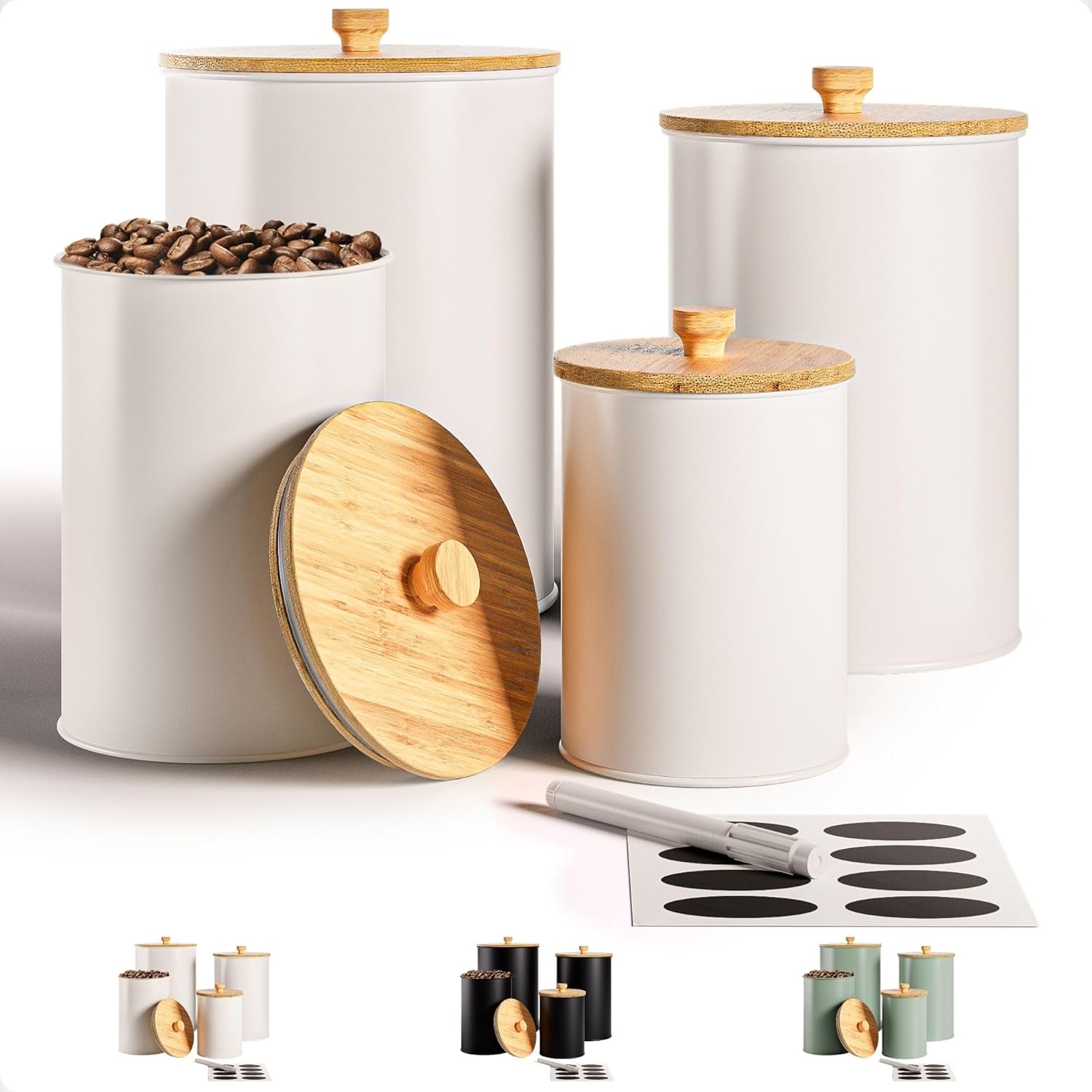 Kitchen Canisters for Countertop Set of 4 with Customizable Chalkboard Labels & Marker Pen - Big Iron Kitchen Canisters with Airtight Lids - White Canister Set - Flour and Sugar Containers Farmhouse