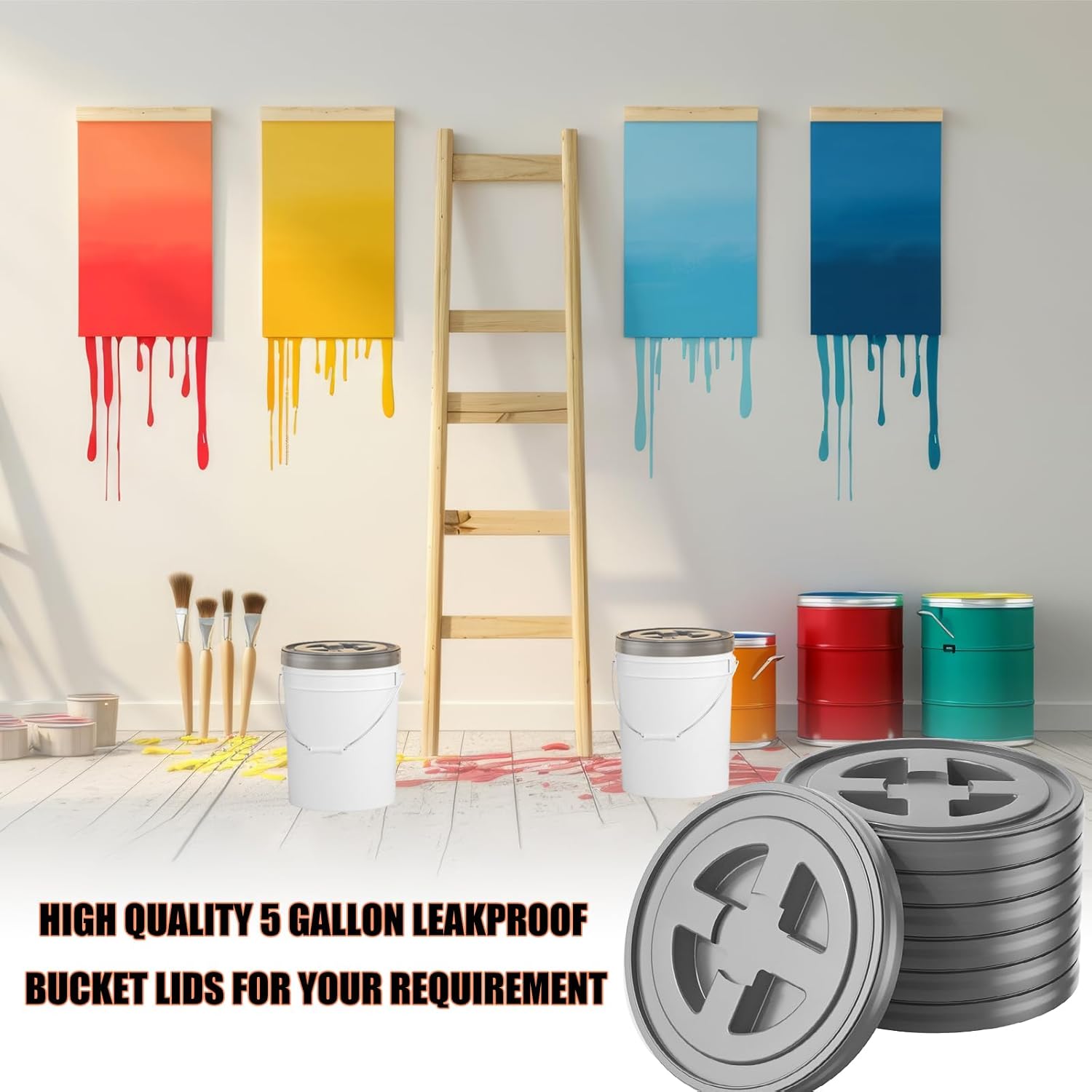 4 Pieces 5 Gallon Bucket Lids, 12inch Leak-proof Plastic Seal Screw Top Airtight Lid, Reusable Drum & Pail Lid for Pet Food Storage, Home Paint Storage and Industrial Storage Buckets -Grey