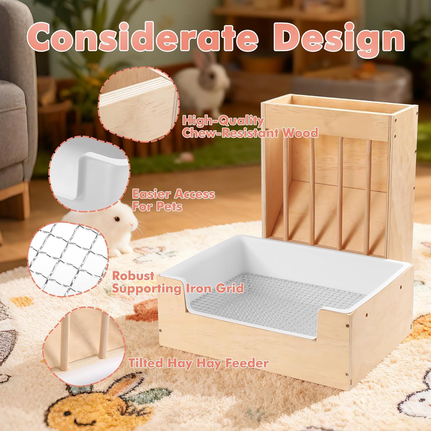 Extra-Large 2-in-1 Rabbit Litter Box & Hay Feeder Set, Wood, Mess Proof, for Guinea Pigs, Chinchillas, Hamsters, and Rabbits