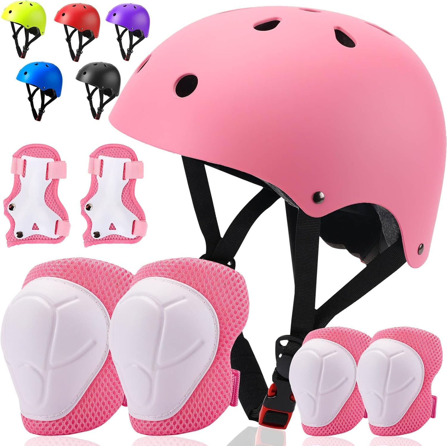 AM ANNA Kids Bike Helmet Set Skateboard Knee Pads - Kids Helmet Elbow Pads Wrist Guards Adjustable Protective Gear Set for Sport Cycling Bike Roller Skating Scooter Rollerblade (pink)