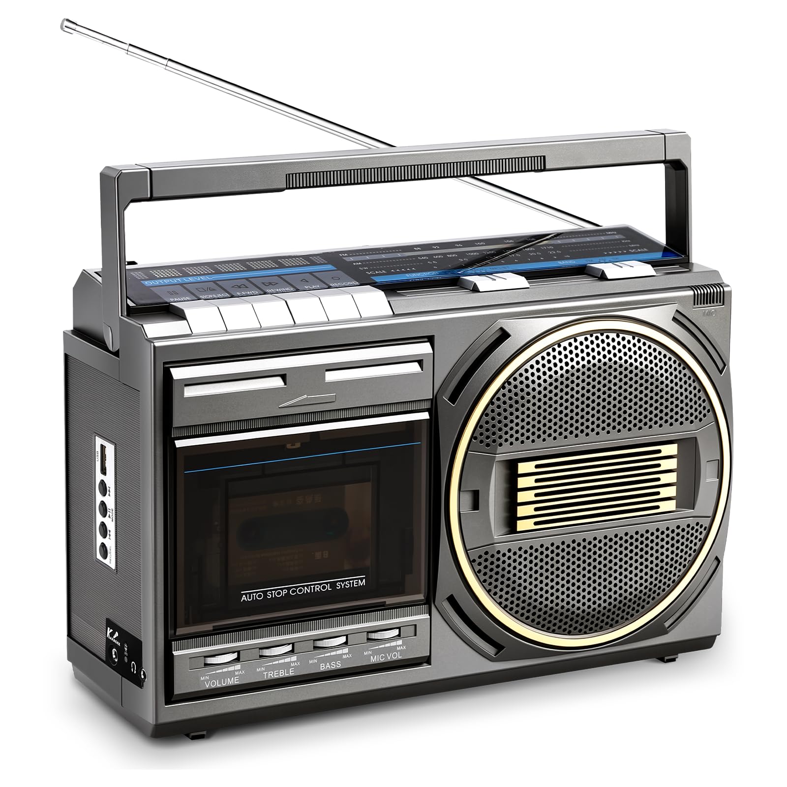 cassette tape player bluetooth boombox, retro cassette player with am/fm/sw radio, cassette to mp3 converter, tape player with treble/bass knobs, karaoke mic, gift for family, friends, seniors