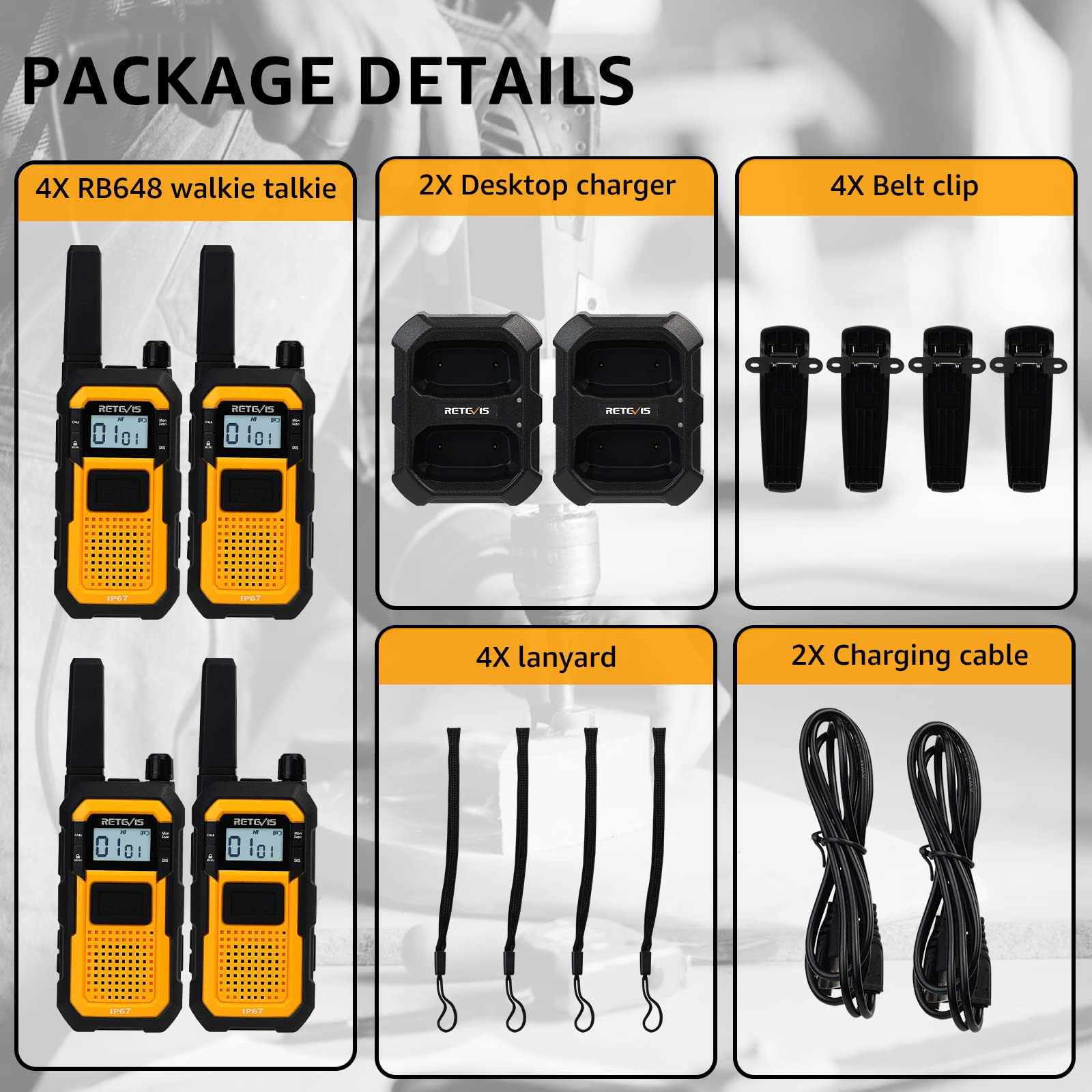 Retevis RB648 Talkie-walkie Robustes, Radio Bidirectionnelle Étanche IP67, 2000mAh Rechargeable, Double PTT, Alarme d'urgence, Triple Protection Avancée pour Industries Lourdes (4 Pièces, Jaune)