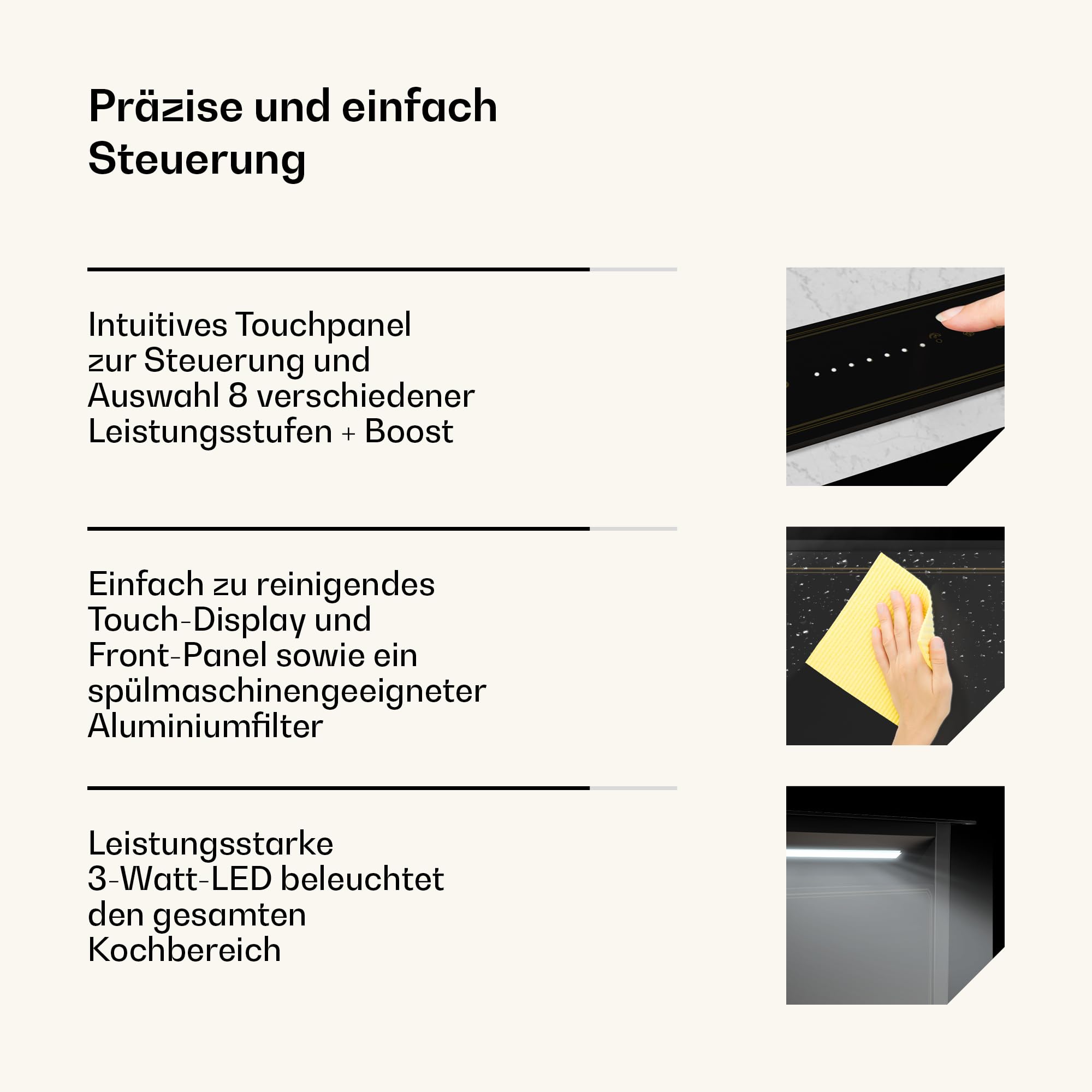 Klarstein Victoria Downdraft Dunstabzugshaube, A Energieeffizienz, 713,8 m³/h, 52 dB, Touchscreen, LED, Schwarz