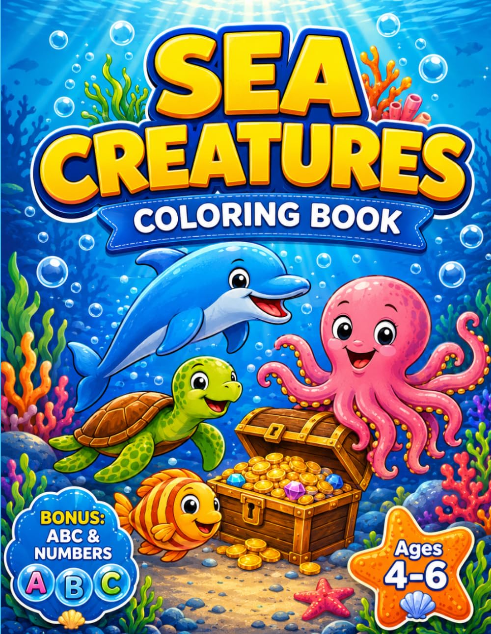 Sea Creatures Coloring Book for Kids Ages 4–6: Fun Ocean Animals with BONUS ABC Alphabet & Numbers: Cute Sea Animals, Underwater Creatures, Dolphins, ... (Smash Kids Coloring & Learning Series)