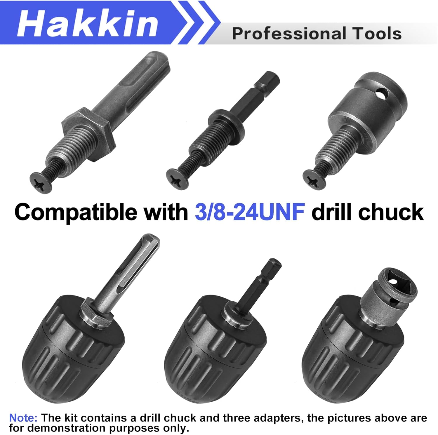 Hakkin 0.8-10mm Keyless Drill Chuck Adapter, 3/8-24UNF Capacity Mount with SDS-PLUS Shank, 1/4" Hex Shank Lock Key, 1/2” Socket Square Adapter, for Impact Driver