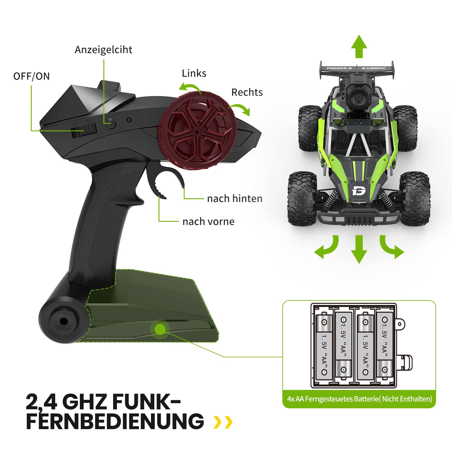 DEERC Zdalnie sterowany samochód z kamerą HD 1080p, samochody 1:16 RC ze światłem LED, zabawka Monster Truck 2,4 GHz, 2 baterie do 60 minut, prezent dla dzieci i chłopców