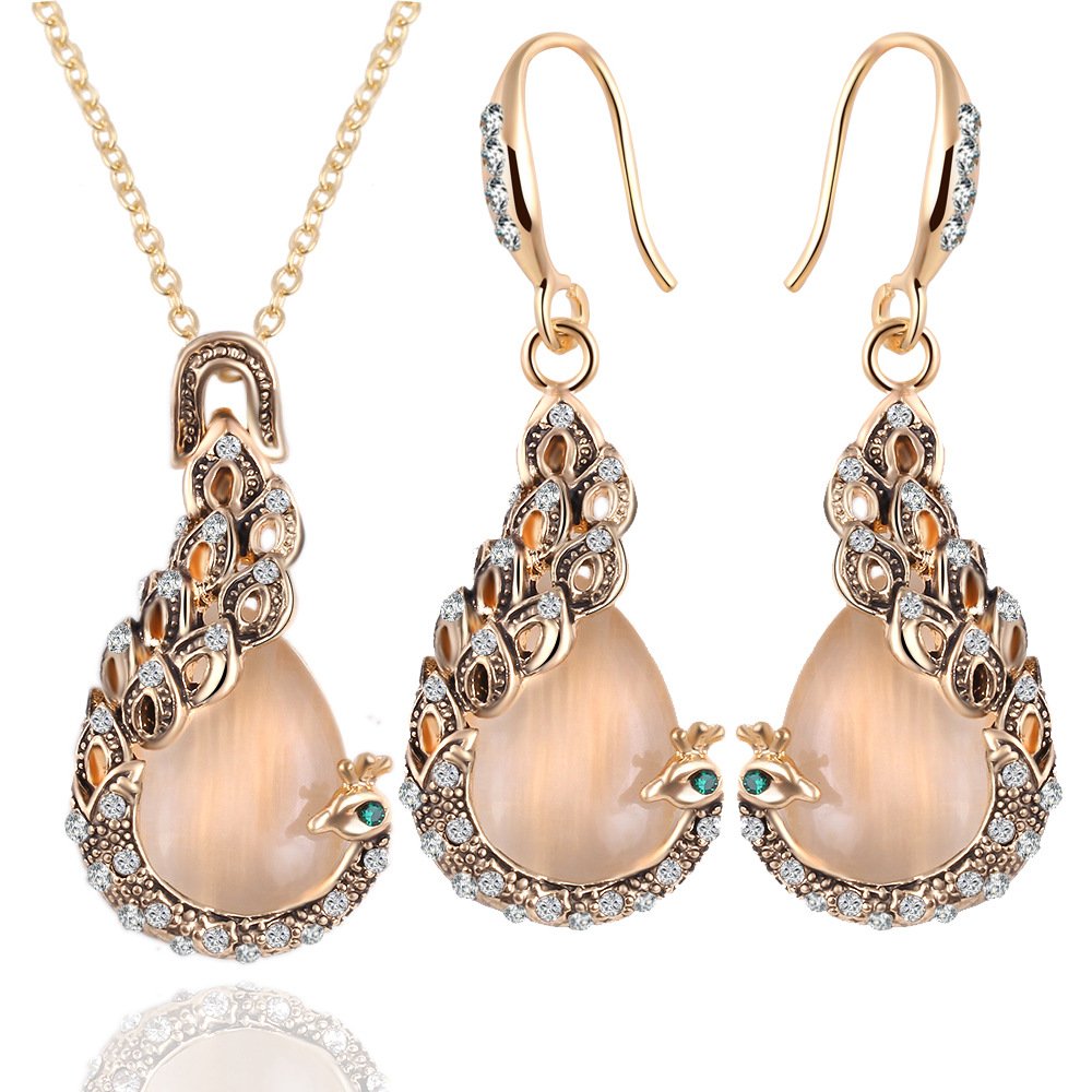 GEM.C Charming Jewelry Set Cat Eyes Stone Peacock Pendant Necklace with Drop Earrings