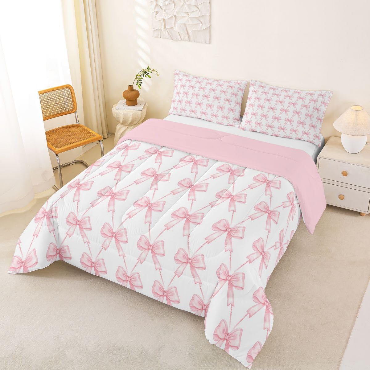Feelyou Pink Bow Twin Bedding Set for Girls, Pink Bow Comforter Set for Kids, Cute Bowknot Girls Comforter Kawaii Dreamy Princess Style Room Decor, 1 Pillowcase - Image 5