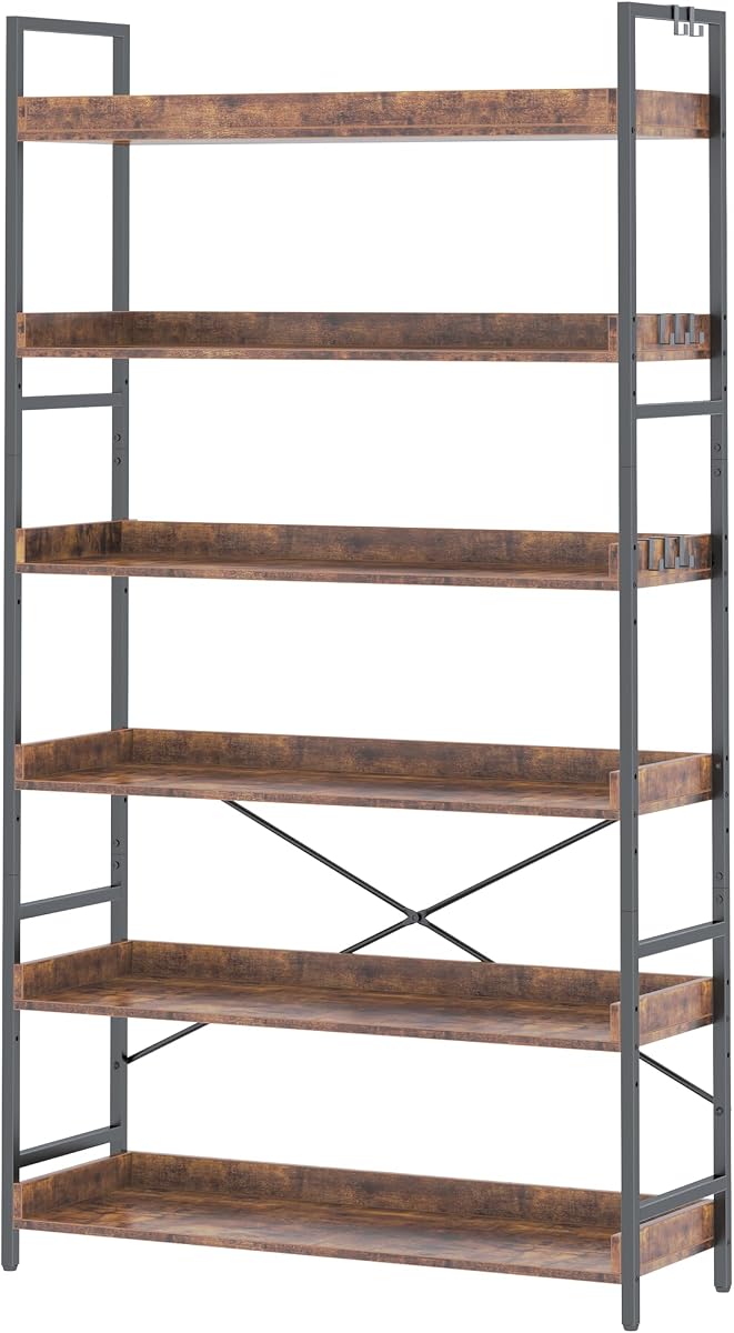 Bookshelf, Adjustable Industrial Bookcase, Vertical Tall Book Shelf, Wood and Black Metal Open Bookshelves for Home Office, Living Room, Bedroom (Rustic Brown, 6-Tier (31" W x 70" H))