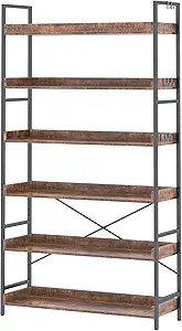 HCHQHS Bookshelf, Adjustable Industrial Bookcase, Vertical Tall Book Shelf, Wood and Black Metal Open Bookshelves for Home Office, Living Room, Bedroom (Rustic Brown, 6-Tier (31