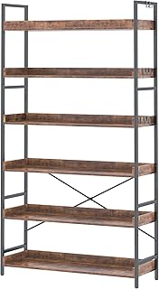 HCHQHS Bookshelf, Adjustable Industrial Bookcase, Vertical Tall Book Shelf, Wood and Black Metal Open Bookshelves for Home Office, Living Room, Bedroom (Rustic Brown, 6-Tier (31" W x 70" H))