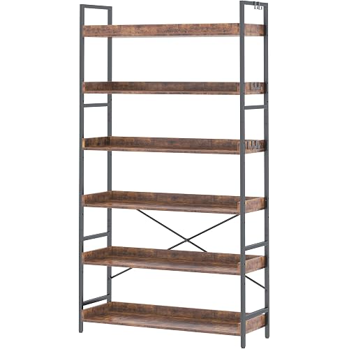 HCHQHS Bookshelf, Adjustable Industrial Bookcase, Vertical Tall Book Shelf, Wood and Black Metal Open Bookshelves for Home Office, Living Room, Bedroom (Rustic Brown, 6-Tier (31" W x 70" H))