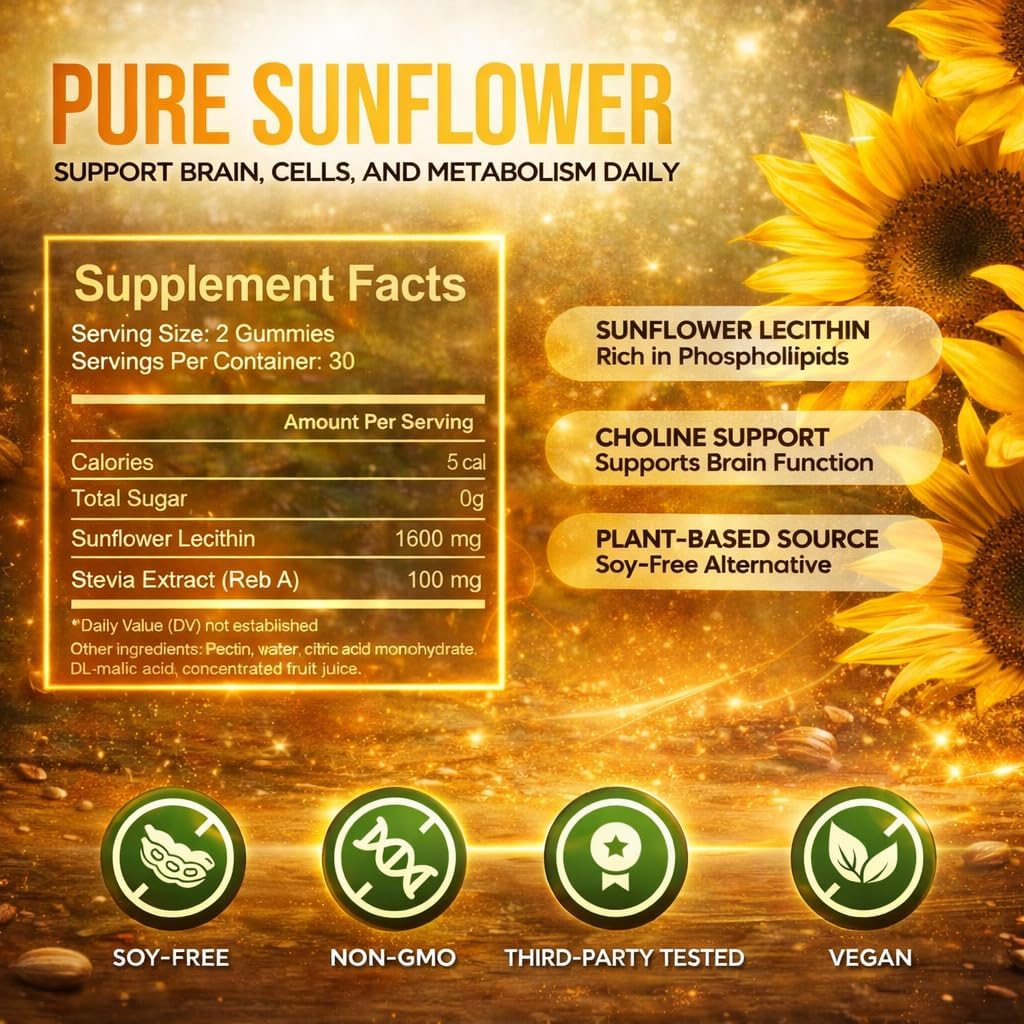 Sunflower Lecithin Extract Gummies 800mg - Vegan, Non-GMO, Soy-Free & Gluten-Free - Cognitive Health & Daily Nutrition - Easy-to-Digest, Plant-Based Wellness Chews for Adults - 60 Chewables