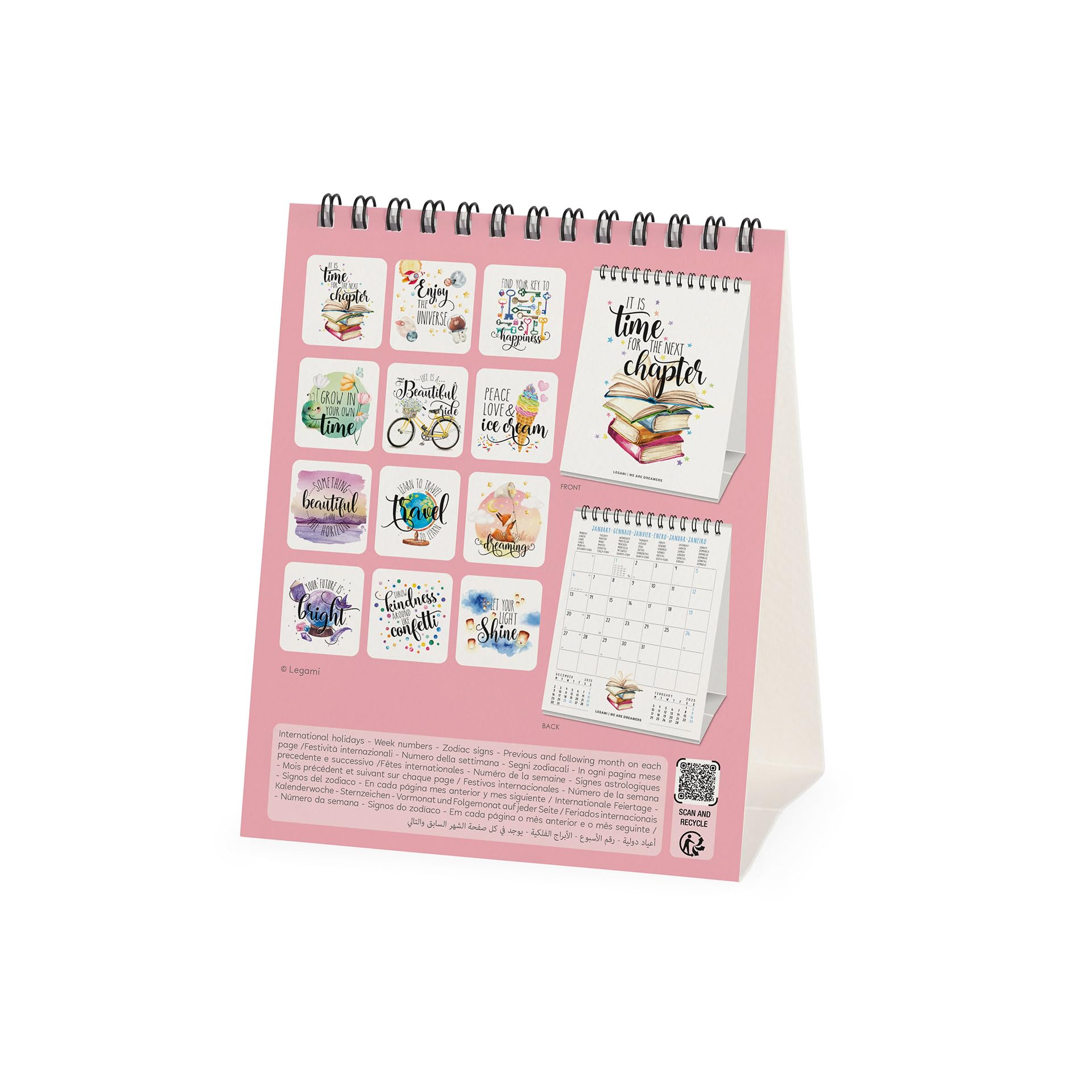 Legami - Calendrier de table 2025, calendrier 12 x 14,5 cm, 12 mois et planificateur annuel 2026, 6 langues, signes du zodiaque et jours fériés internationaux, Aphorisms