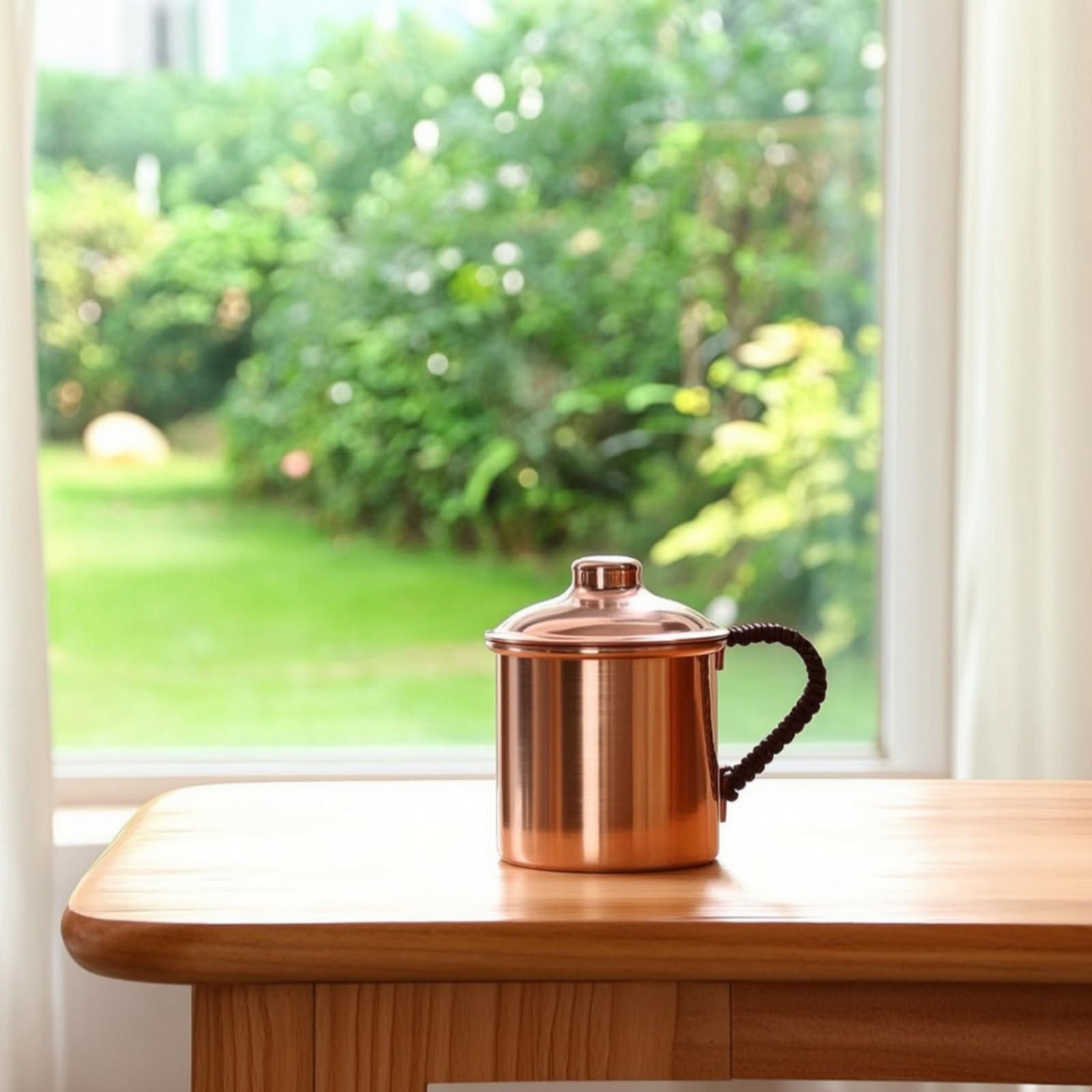 Jarra de Cobre Taza Vaso Tazón con Tapa Metálica y Asa Ergonómica con Cuerda para Conservación Térmica y sin Salpicaduras Adecuada para Hogar Bar, Mecanismo De Taza De Cobre Púrpura