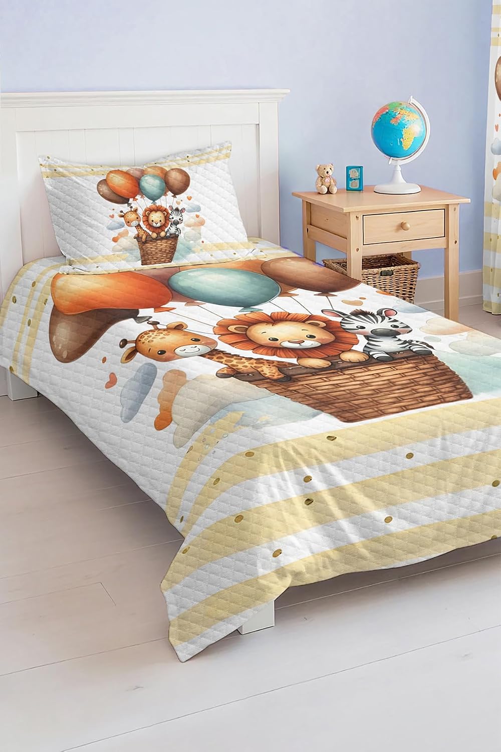 SODEF Bedding Set Twin Size Cute Animals Flying with Balloons Cotton Polyester Quilt Set for Kids and Teens Room, Multicolor, 2 Piece - Multicolor, One Size