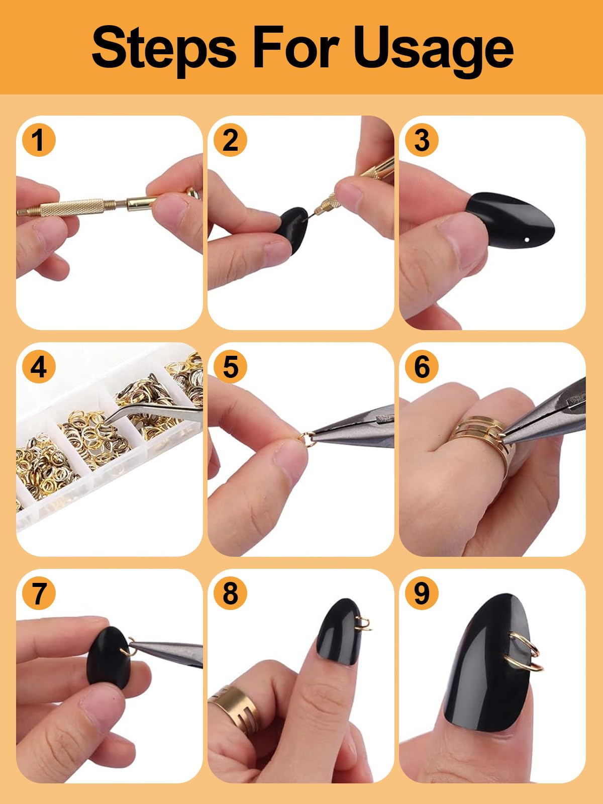 EBANKU 1014Pcs Nail Art Dangle Charms Piercing Tool Hand Drill, 6 tailles Open Jump Rings pour la fabrication de bijoux avec Jump Ring Opener, bagues de bijoux à ongles avec pinces et pinces(4 coule