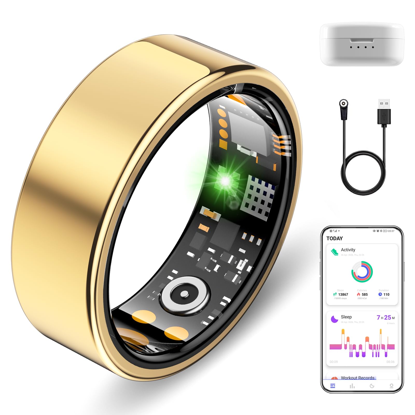 Anello intelligente per donne e uomini, smart ring fitness tracker, anello di misura con monitoraggio del sonno, frequenza cardiaca, contapassi, batteria a lunga durata, senza costi di abbonamento