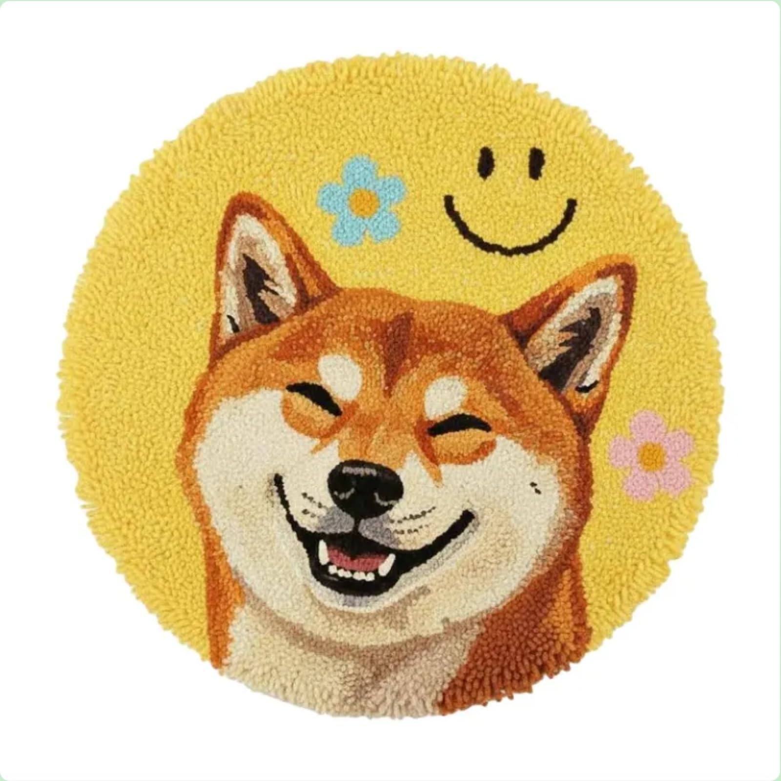 Smiling Shiba Inu Dog Latch Hook Kits DIY Rug Making Yellow Kawaii Decor