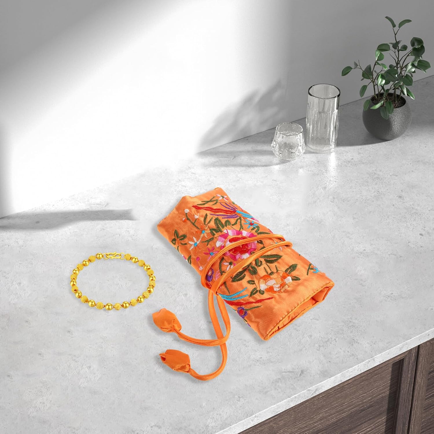 Handmade Embroidered Jewelry Roll Bag with Multi-pocket Storage Brocade Cosmetic Organizer for Travel Orange Floral Design Jewelry Pouch for Necklaces Bracelets Earrings
