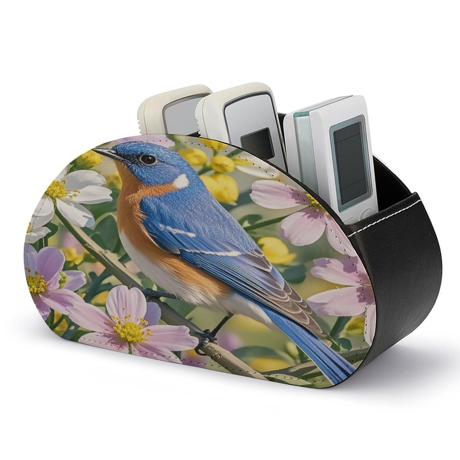 FekiLoot Bluebird And Flowers Remote Control Holder PU Leather Tabletop Organizer with 5 Compartments Storage Tray & Desktop Organizer for TV Remotes Glasses Pens