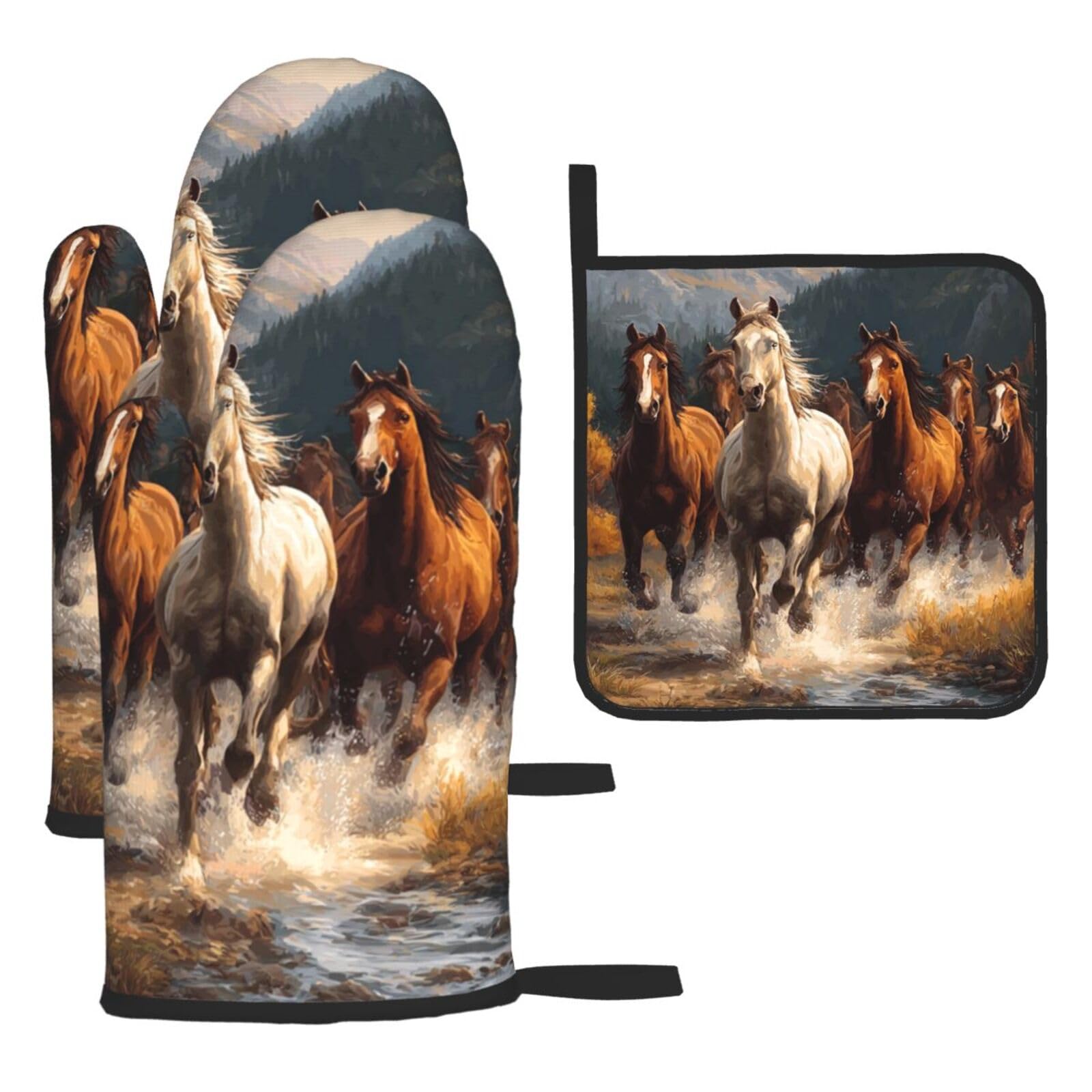 Oven Mitts and Pot Holders Set of 3 Heat Resistant Non-Slip Kitchen Gloves Hot Pads Horses Mittens Non-Slip Potholders for Cooking Baking Grilling BBQ