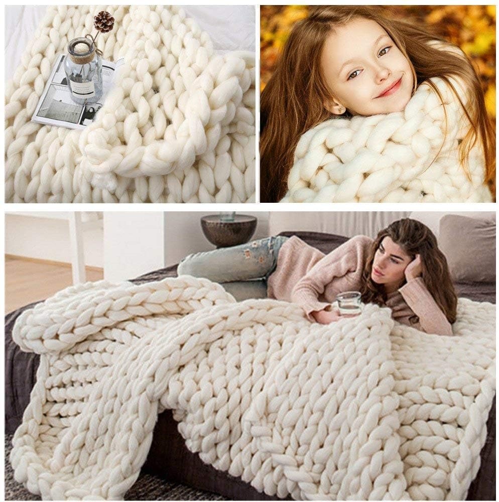 Doux Plaid Tricot Grosse Maille, Fait Main Super Épais Couverture Tricotée en Laine, Respirant Confortable Chaud Couverture de Canapé Jeté de Lit, pour Canapé Lit Fauteuil Jardin ( Color : Beige , Siz
