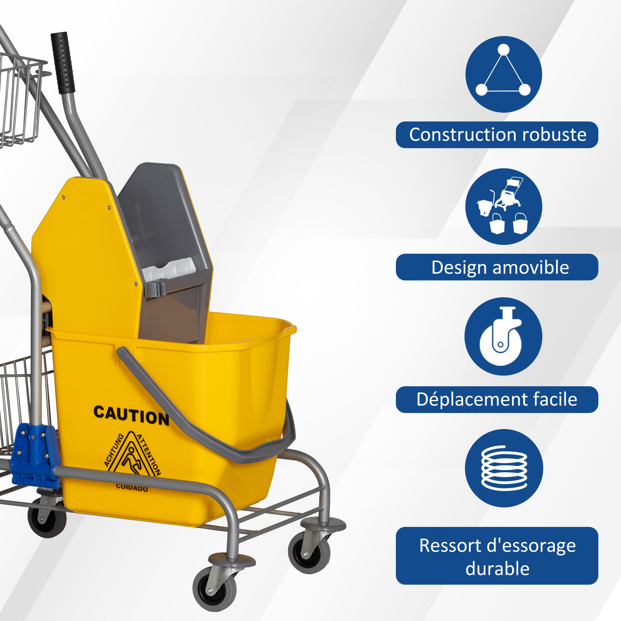 HOMCOM Chariot de ménage Chariot de Lavage Chariot de Nettoyage Professionnel Presse à mâchoire Seau 26 L + Panier de rangements dim. 73L x 45l x 95H cm Jaune