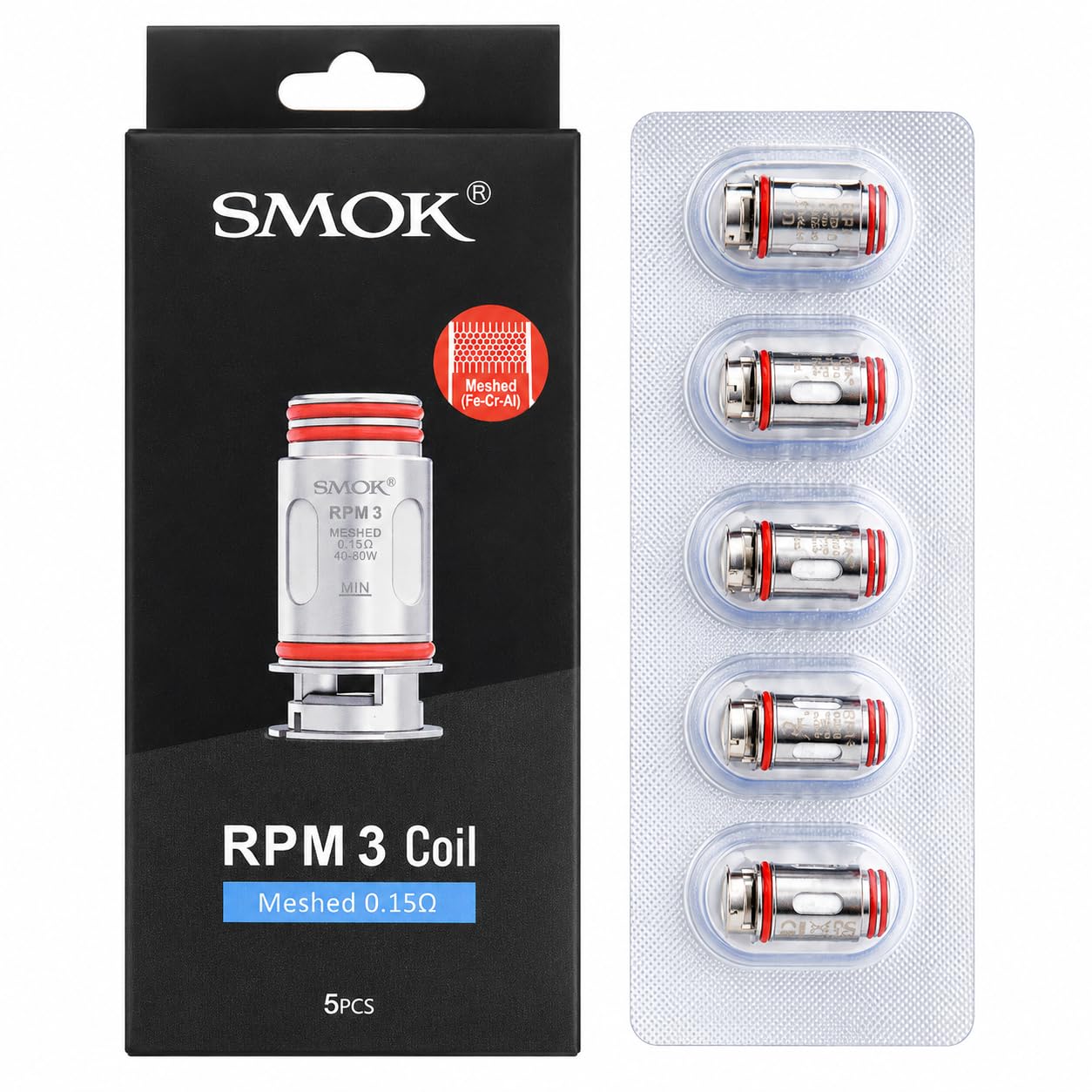 SMOK RPM 3 0.15 Ohm Mesh Coils [Pack of 5] - DTL Vaping, Sub Ohm, Rapid Heating, Massive Vapour, 40 to 80W, High VG E Liqs Only, Replacement Coil for RPM5/RPM5Pro/RPM85/Nord5/NordGT, No Nicotine