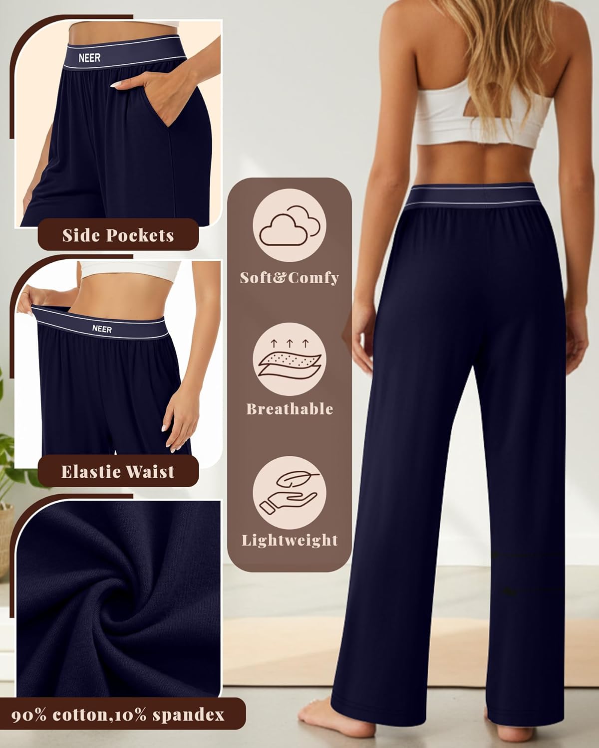Neer 3 Pack Women's Cotton Lounge Pants High Waisted Wide Leg Yoga Pants Casual Comfy Athletic Loose Sweatpants with Pockets