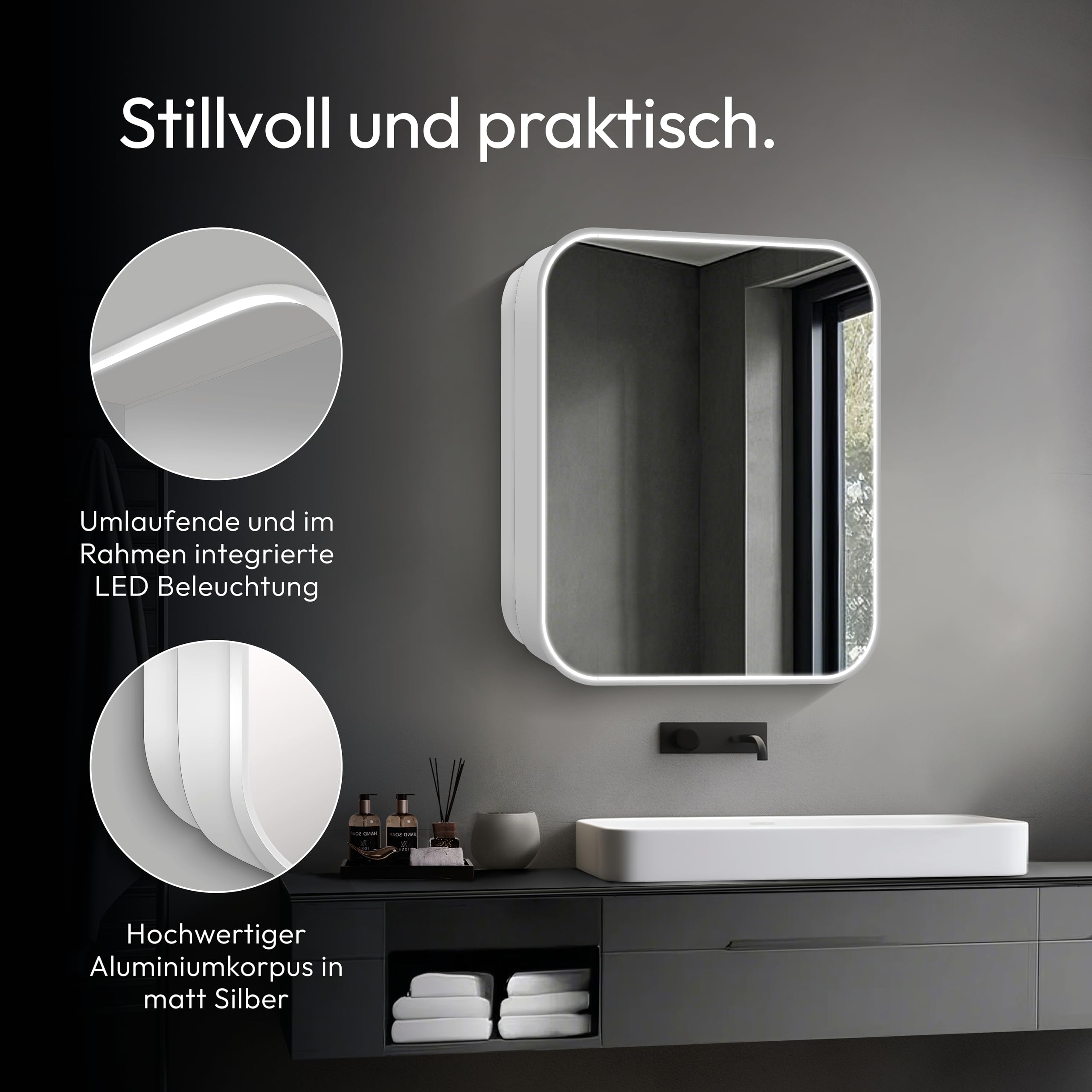 Talos Silver Nova podświetlana szafka toaletowa 60x70 cm srebrna - szafka łazienkowa z lustrem i 2 półkami - aluminium - dno lustra
