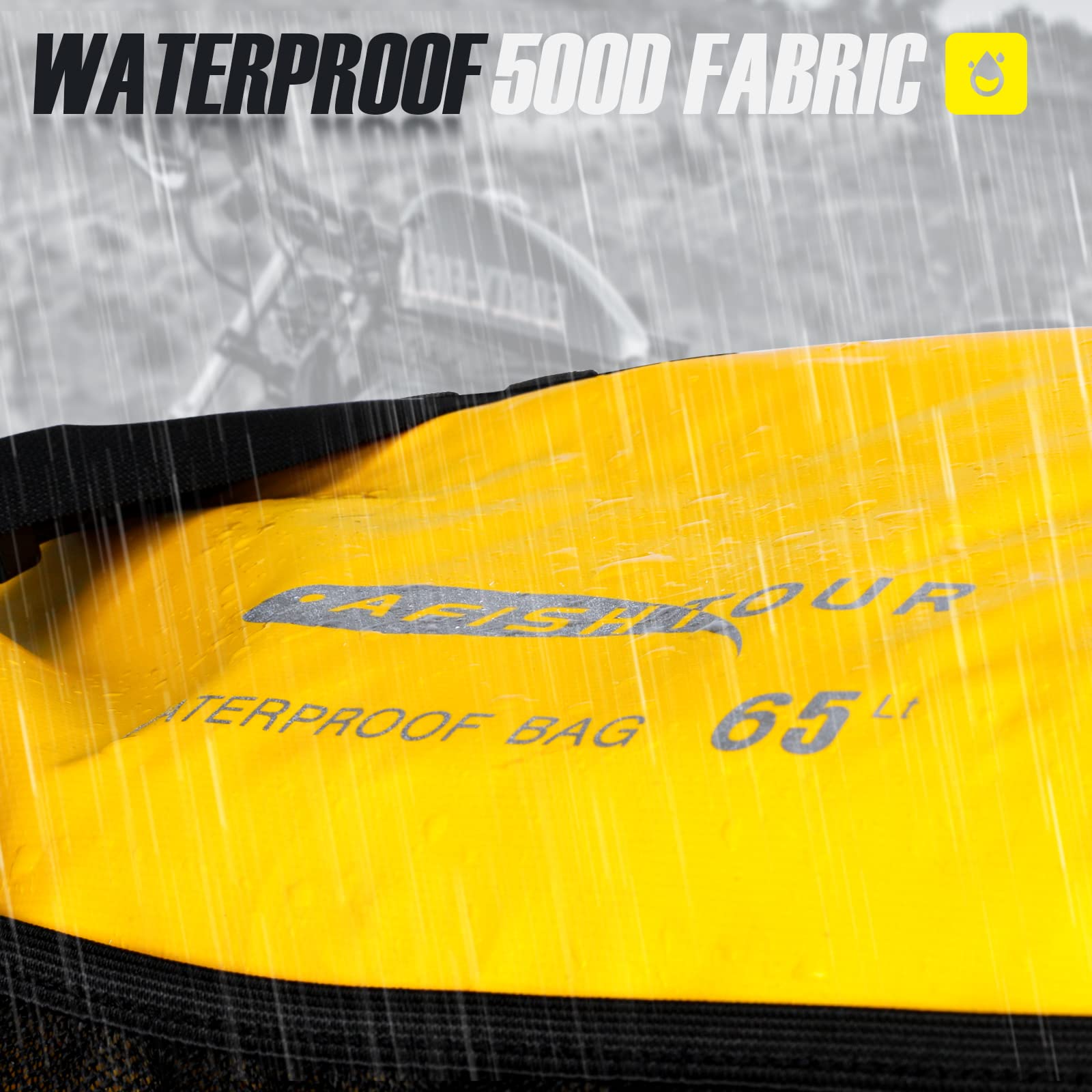 65L wasserdichte Duffelbag für Damen und Herren – Große Motorrad-Reisetasche mit Gurten für den Rücksitz – Rollverschluss-Drybag für Kajak, Rafting, Bootfahren, Schwimmen, Strand (Gelb)