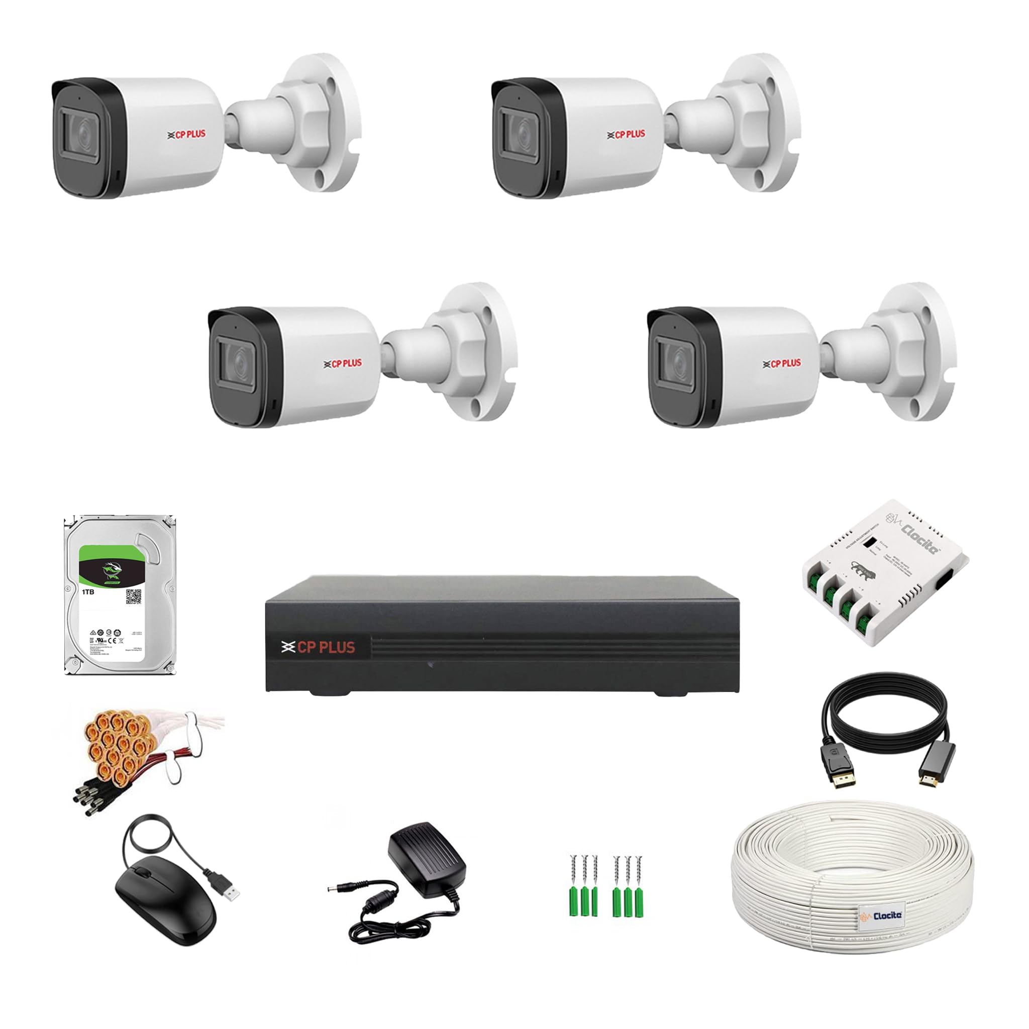 CP Plus 2.4MP 4 Channel DVR, 2.4MP 4 Bullet Cameras (Audio Recording) [Night Vision + Built-in MIC Audio + Crystal IR LEDs + Motion Detection] + 1 TB HDD + 4 CH SMPS + CCTV Cable + BNC/DC-image-4