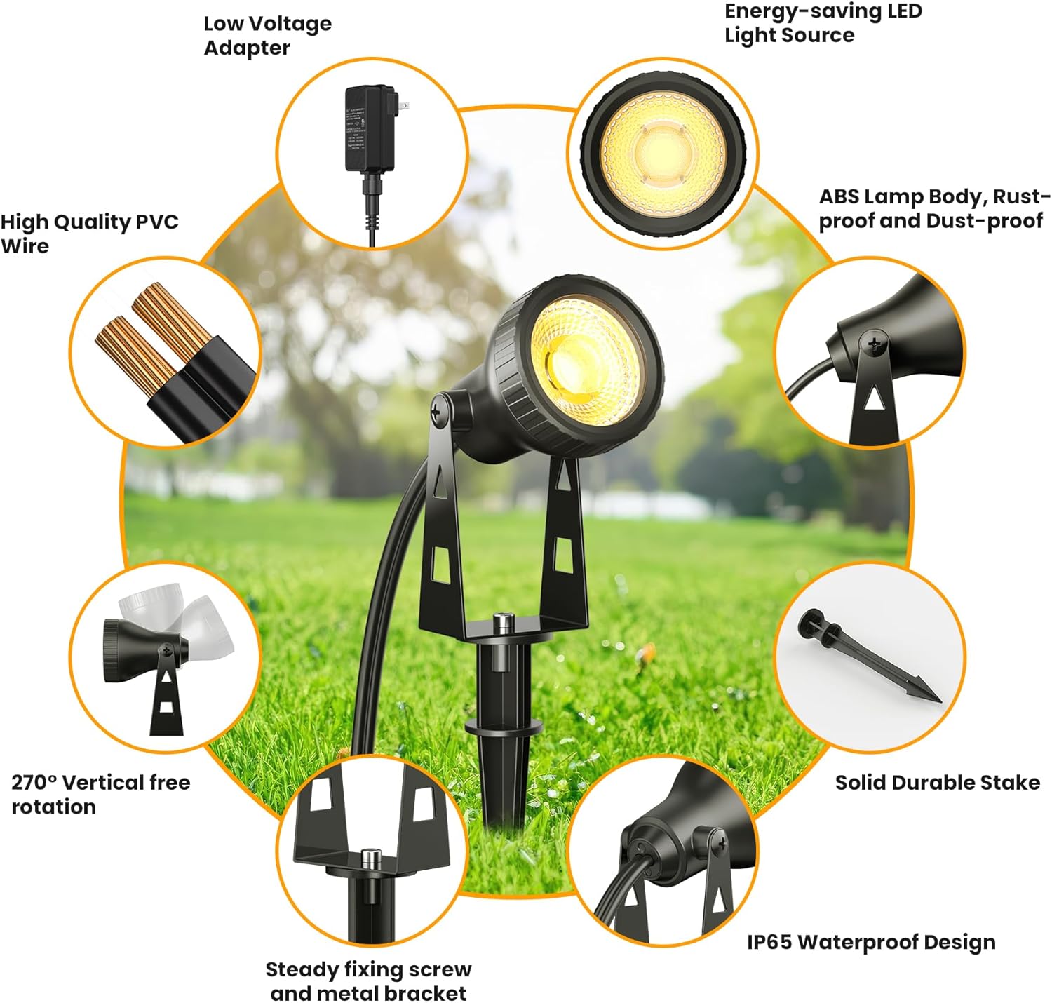 Outdoor Landscape Lighting, 6-Pack Outdoor Spot Lights with Transformer, Plug in LED Spot Lights for Garden, Yard, Backyard, Plants, Lawn, Trees, House, Flags, IP65 Waterproof – Warm White