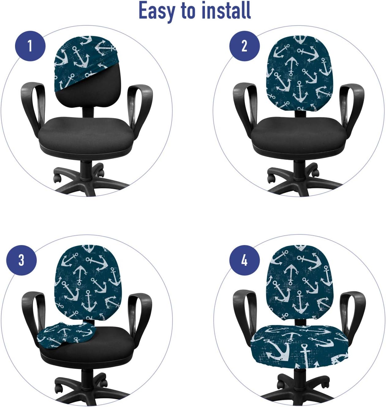 Ambesonne Nautical Office Chair Slipcover, Marine Graphic Illustration with Grunge Look Weathered Effect, Protective Stretch Decorative Fabric Cover, Standard Size, Petrol Blue
