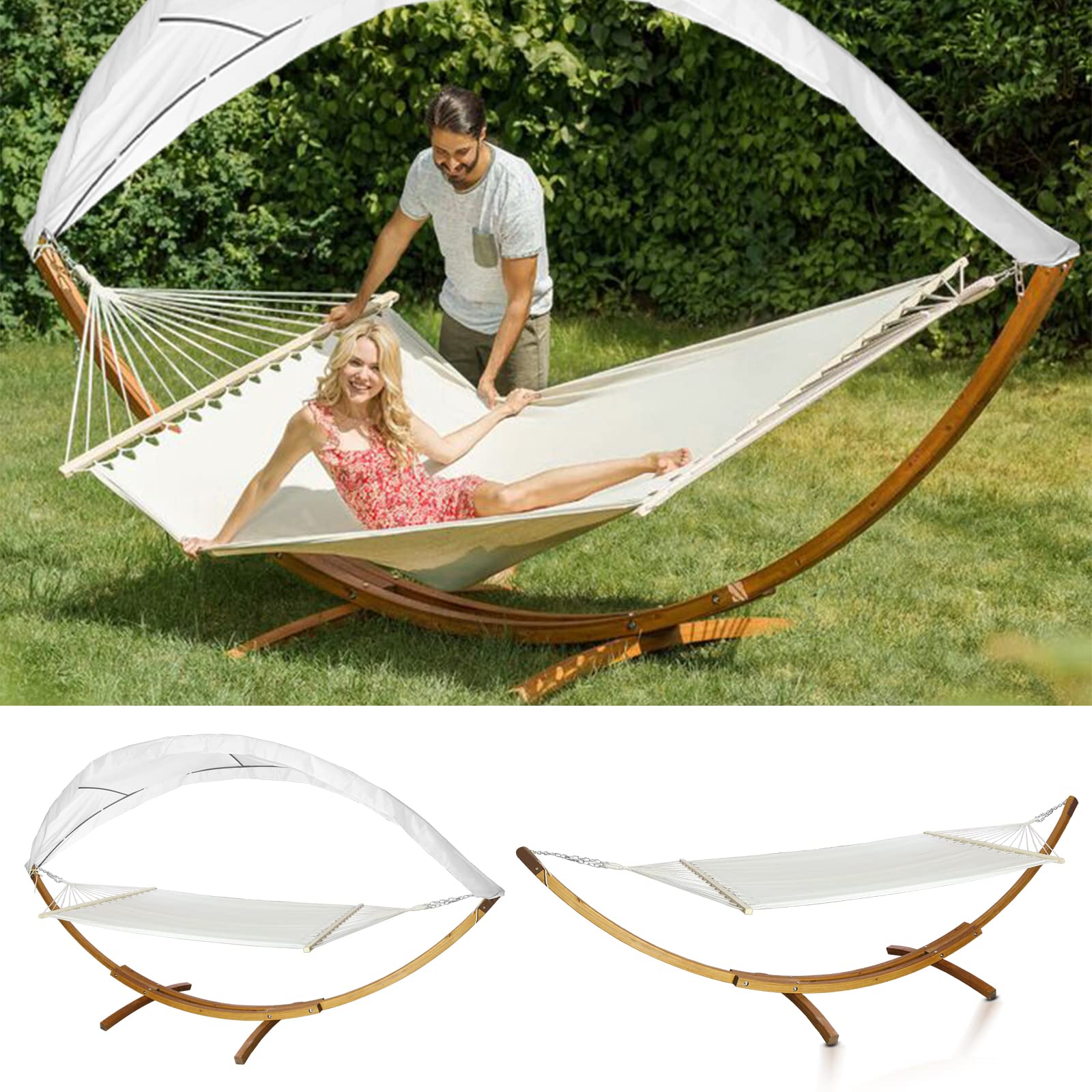 Hebitod Hamacas con estructura de madera para exteriores para 2 personas, tumbona doble con estructura de sillón colgante de 200 x 150 cm, capacidad de carga 200 kg, para jardín, camping, balcón,