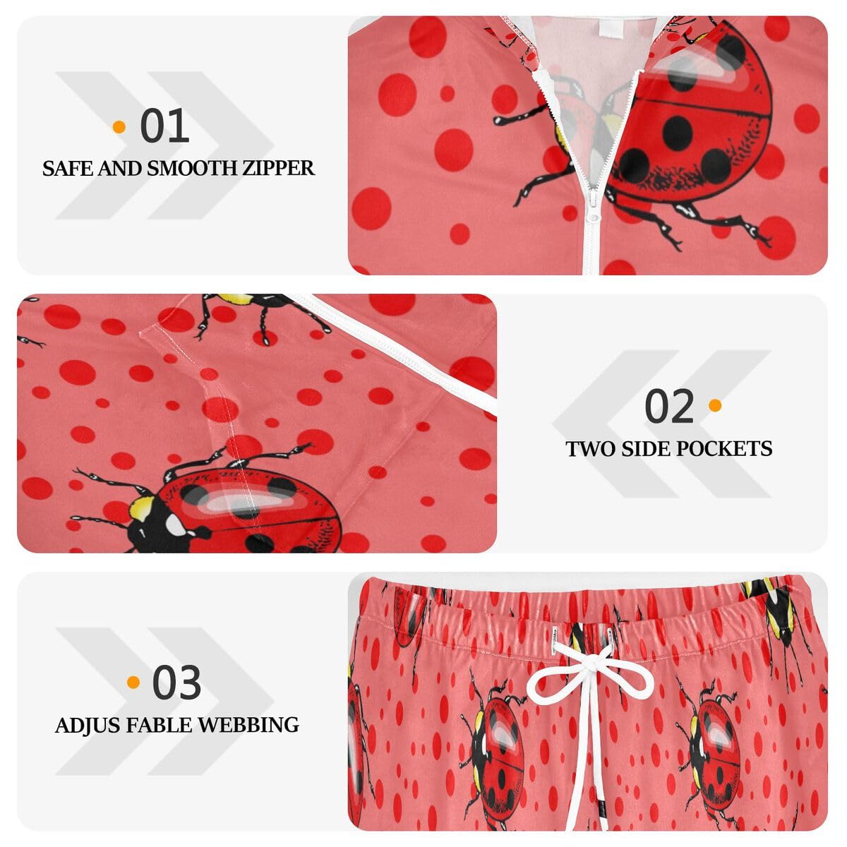 Conjunto deportivo de 2 piezas para mujer, diseño de mariquitas rojas, conjunto deportivo de manga larga, lunares rosados