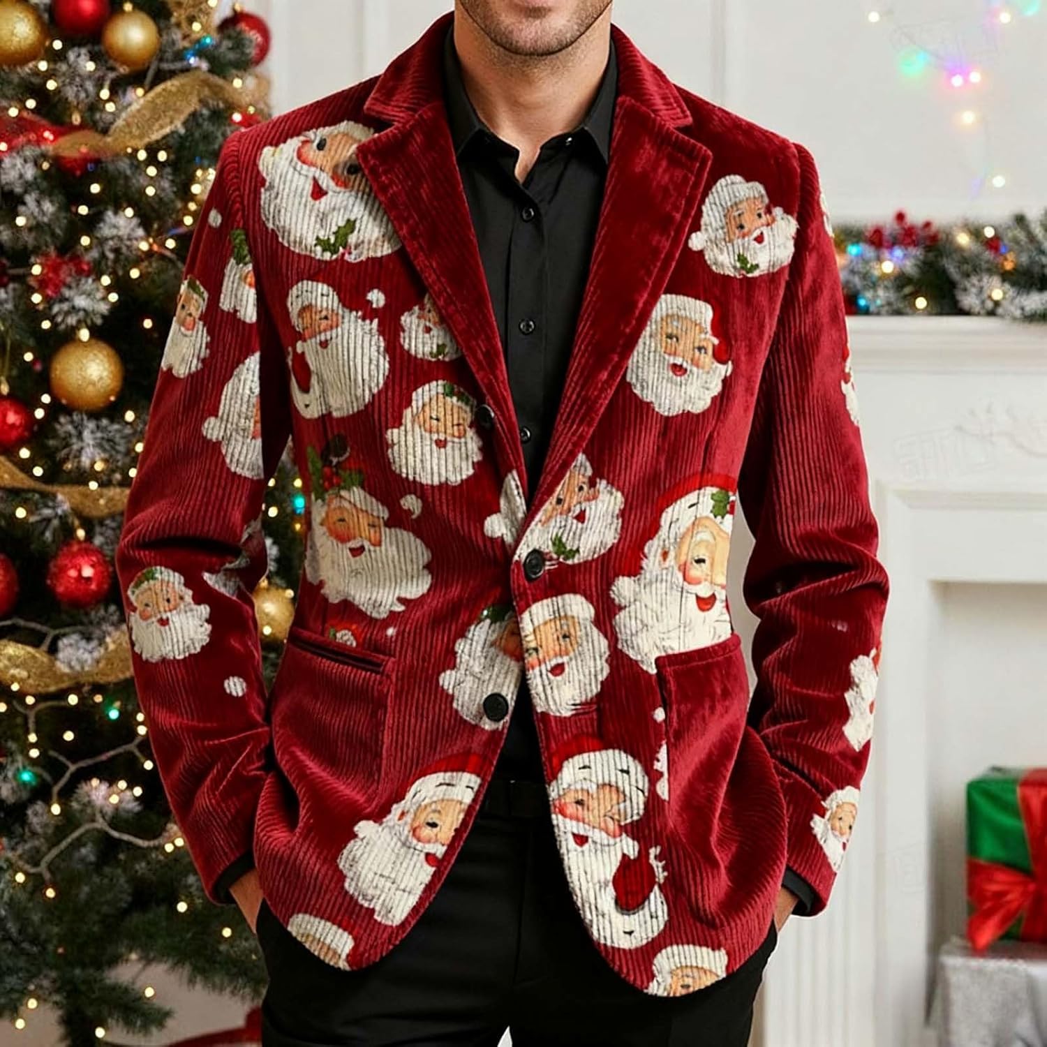 Christmas Blazer Men Ugly Xmas Graphic Corduroy Jacket Holiday Two Buttons Suit Jackets Slim Fit Cotton Sport Coats