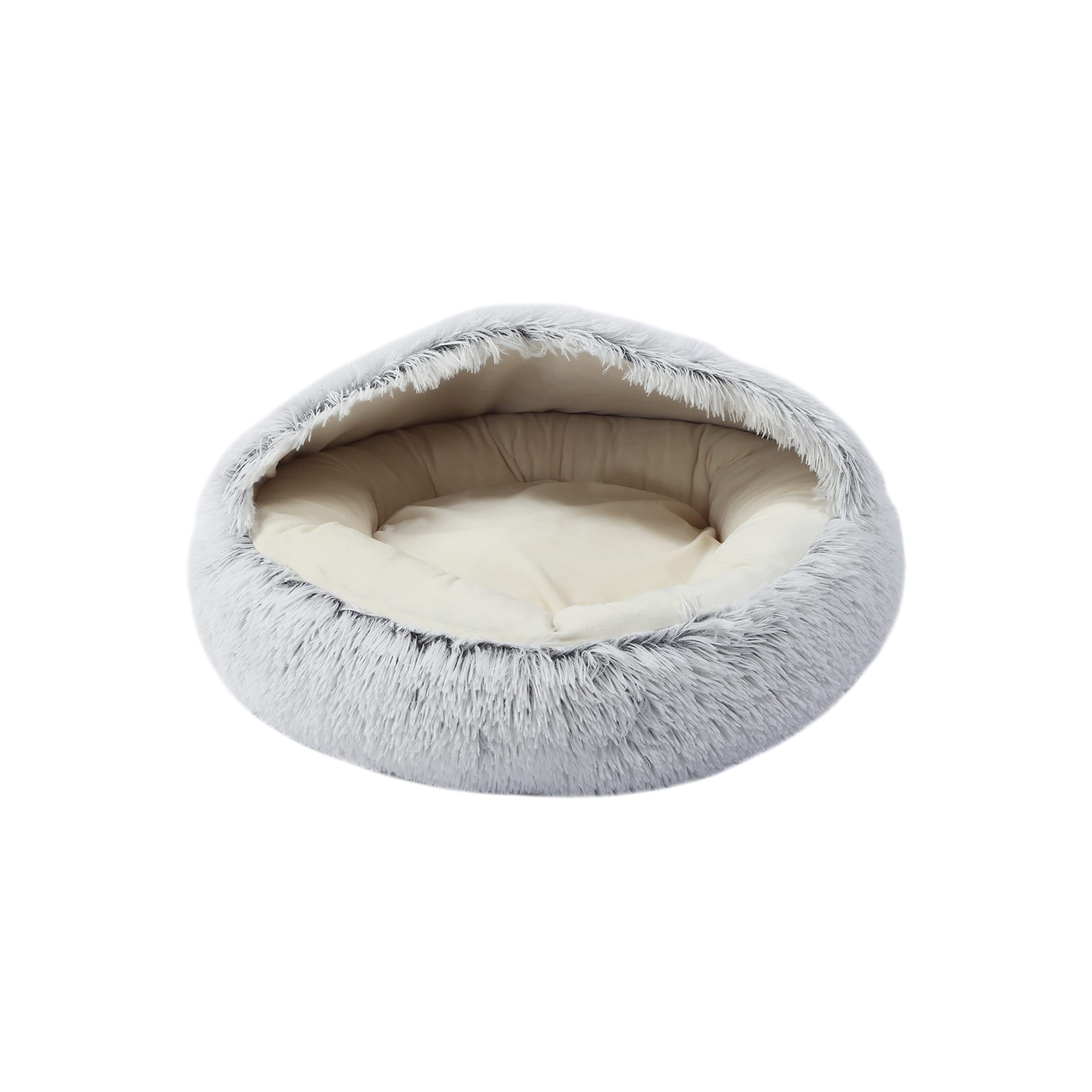 Charlie's Faux Fur Hooded Round Pet Cave, Stylish Faux Fur Cuddler Round Comfortable Self Warming Indoor Orthopedic Cushion Donut Bed for Dogs Cats Pet Bed Nest - Arctic Grey Small