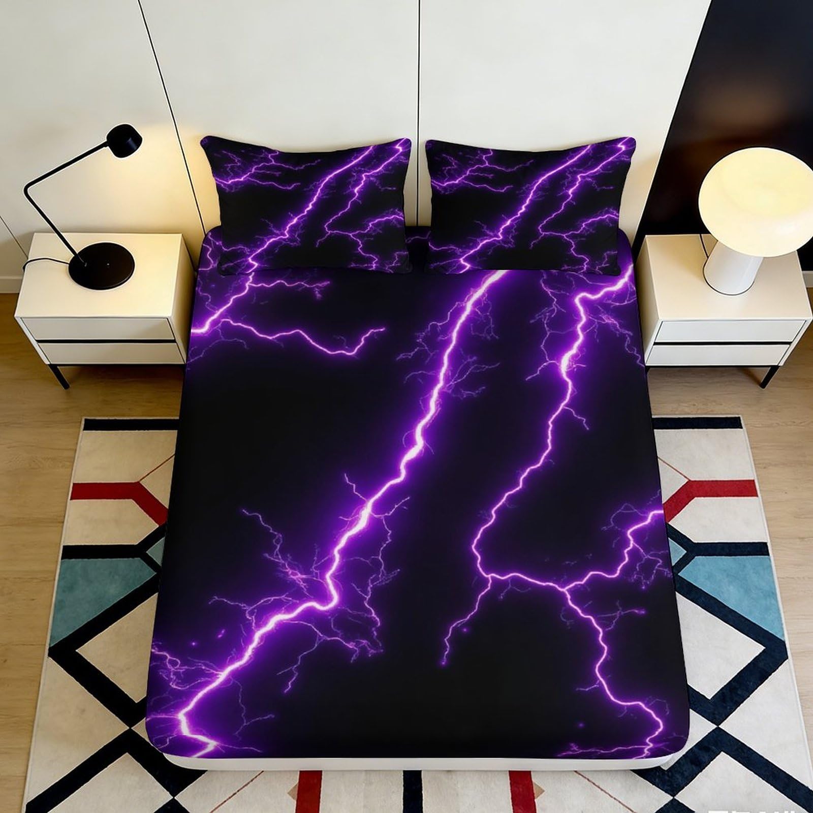 3D Printed Purple Lightning Fitted Sheet Microfiber Slip-Resistant Electric Storm Mattress Cover for Bedroom Dorm Decor 90x200x25cm