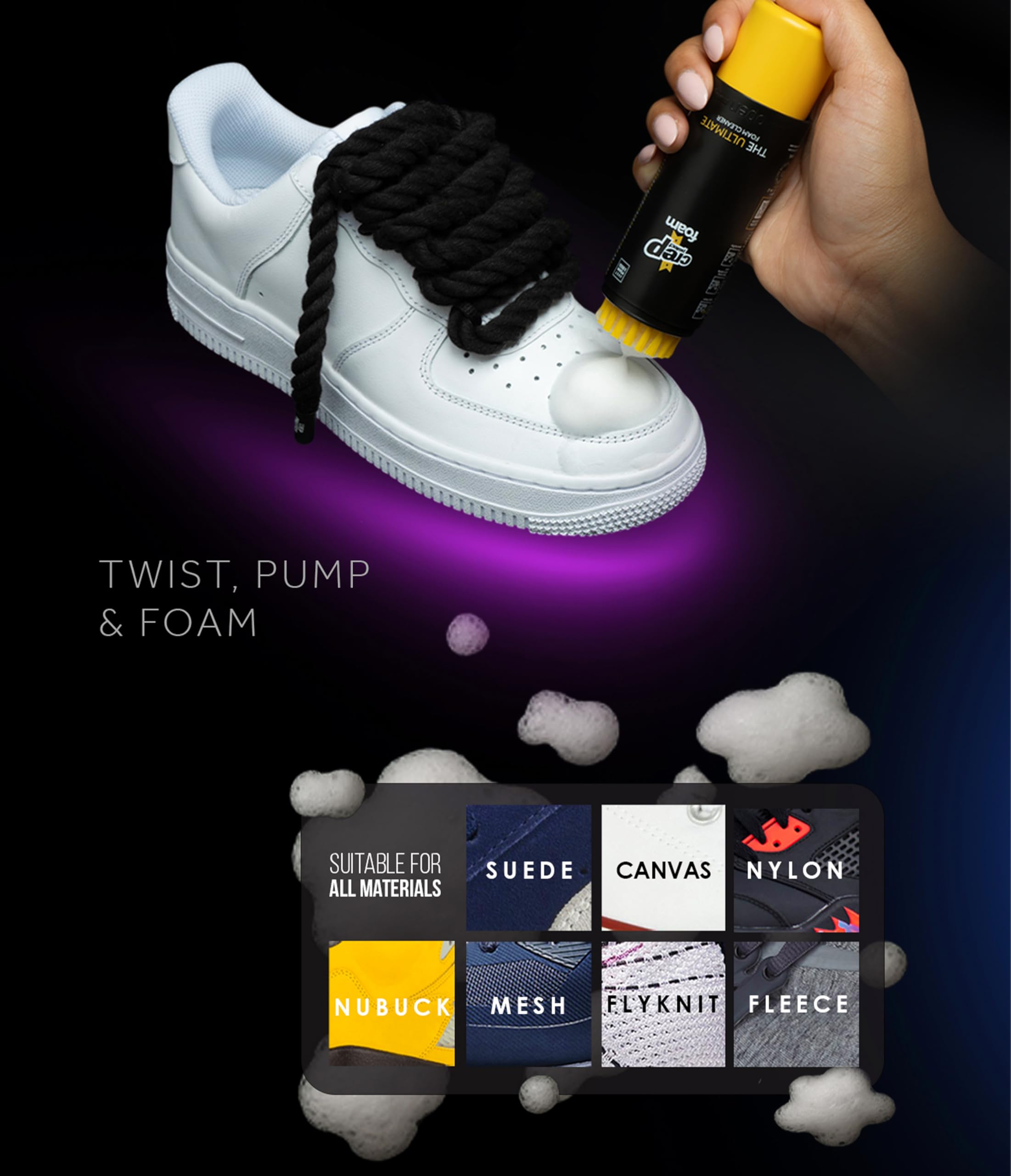 Crep Protect Piankowy zestaw do czyszczenia butów, pianka do czyszczenia trampek, z wbudowaną szczotką i ściereczką z mikrofibry, do skóry, zamszu, nubuku, płótna i białych butów, rozmiar podróżny
