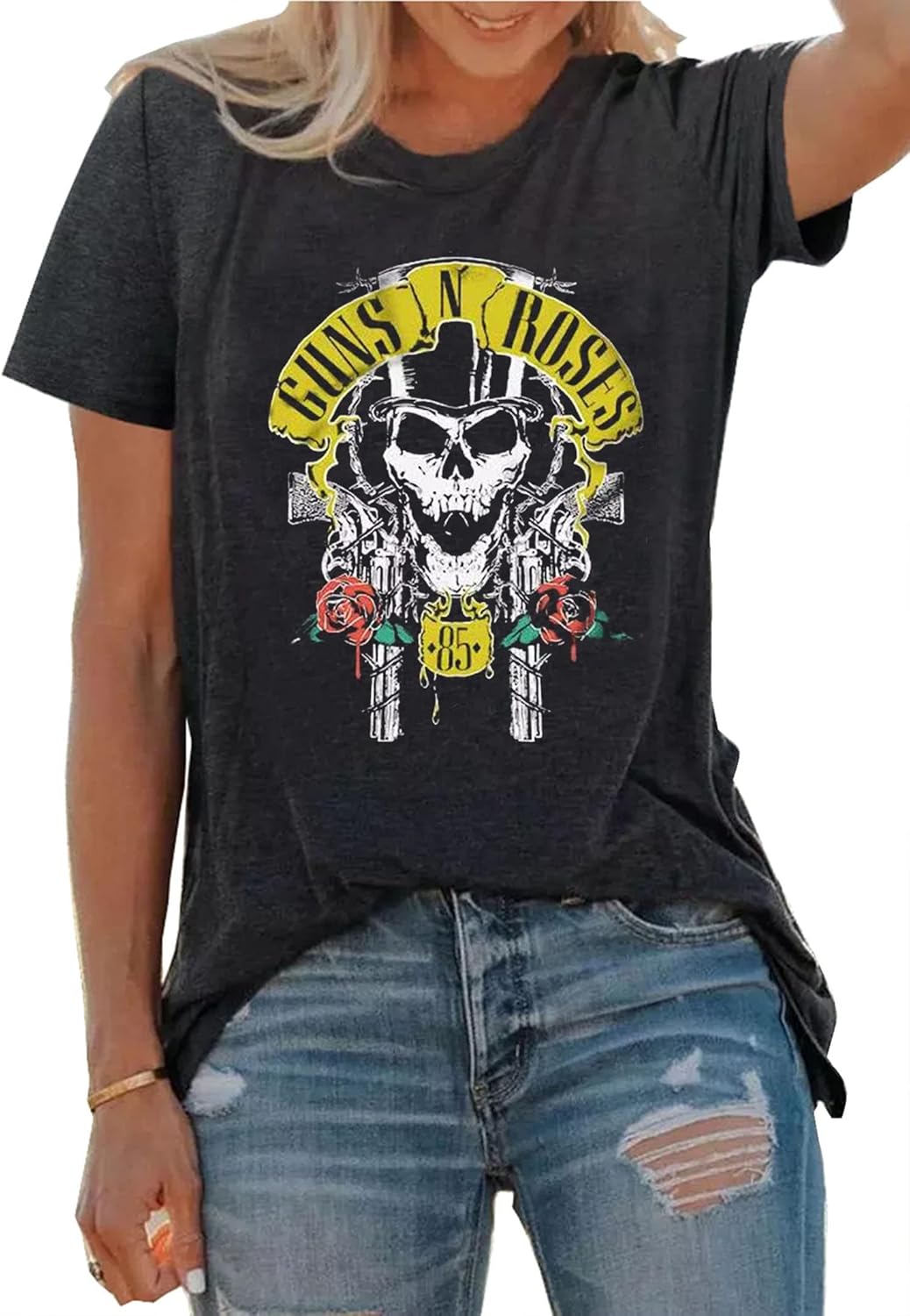 Skull Floral T Shirt for Women Vintage Skeleton Roses Shirt Country Music Graphic Print Tee Casual Holiday Vacation Tops