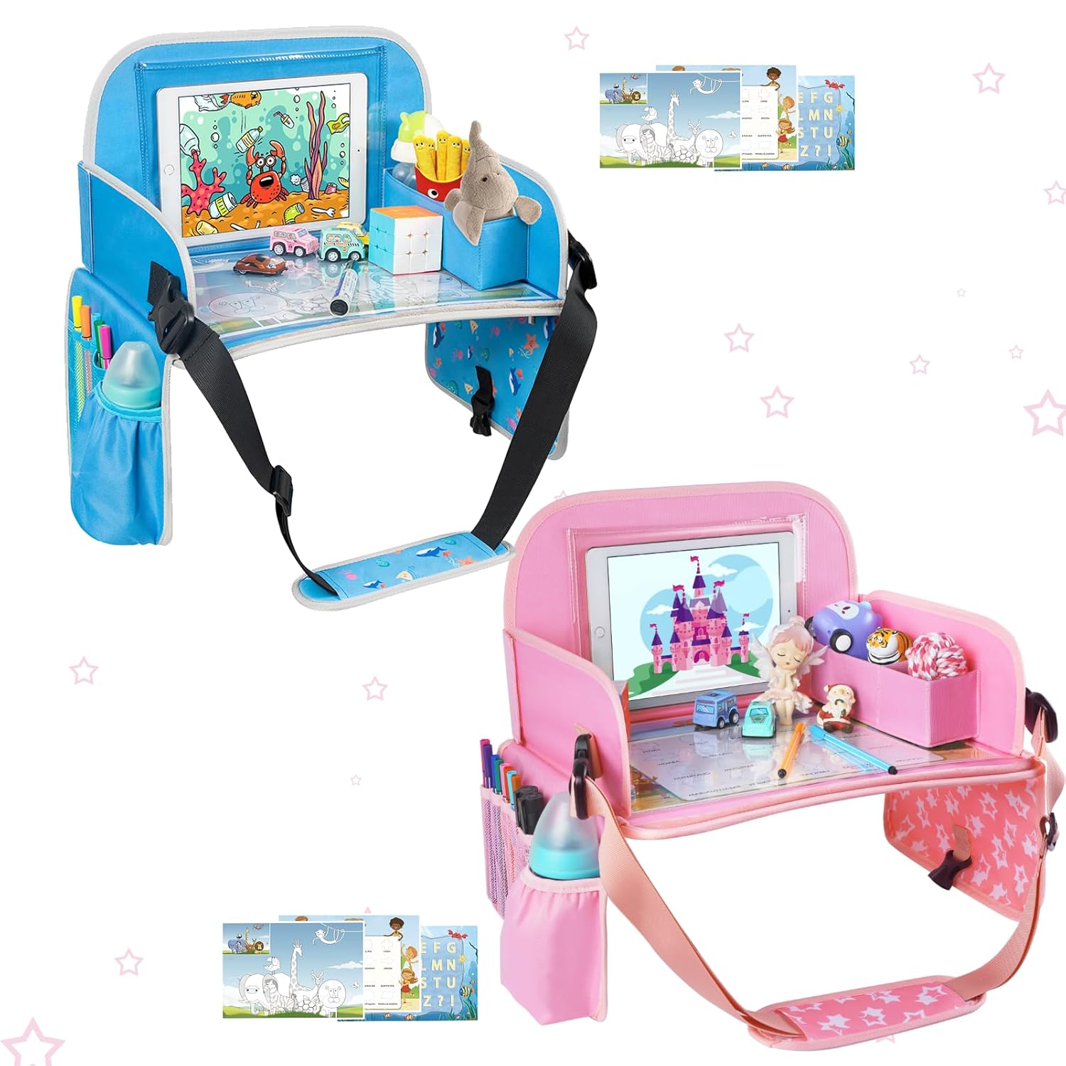 MENZOKE Bundle–2 items Kids Travel Tray with Dry Erase Board & Storage Pocket, Blue & Pink