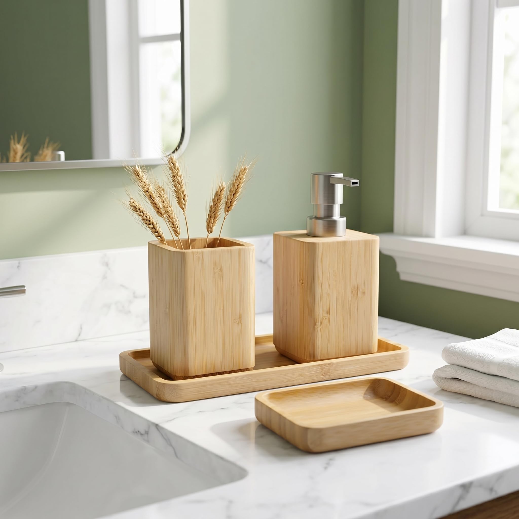 Set di accessori da bagno in bambù naturale con dispenser di sapone, portaspazzolino e portasapone e vassoio, realizzato a mano, design impermeabile