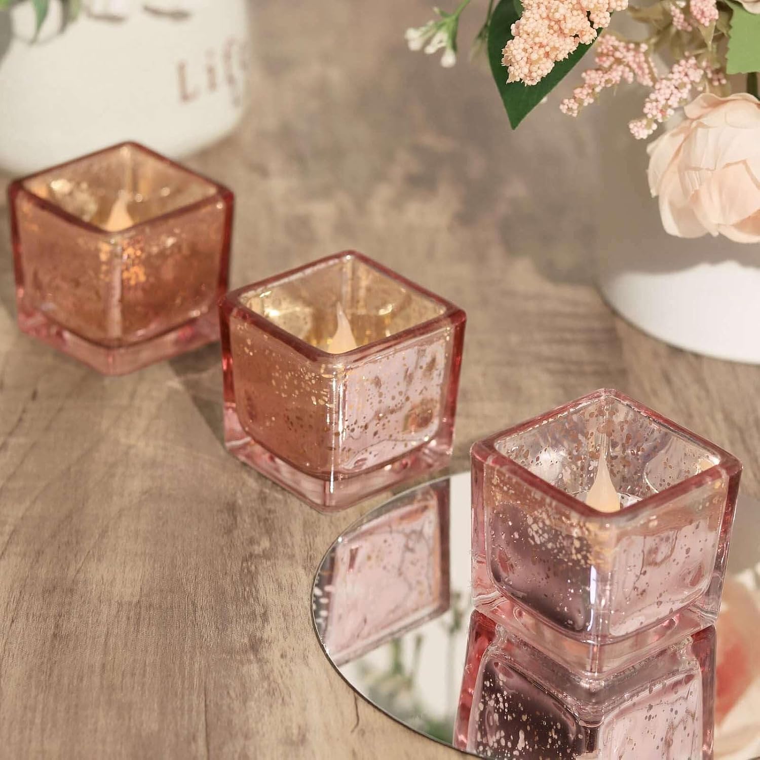 Efavormart 12 Pack | 2" Square Mercury Glass Candle Holders, Votive Tealight Holders Metallic with Speckled Design - Blush | Rose Gold